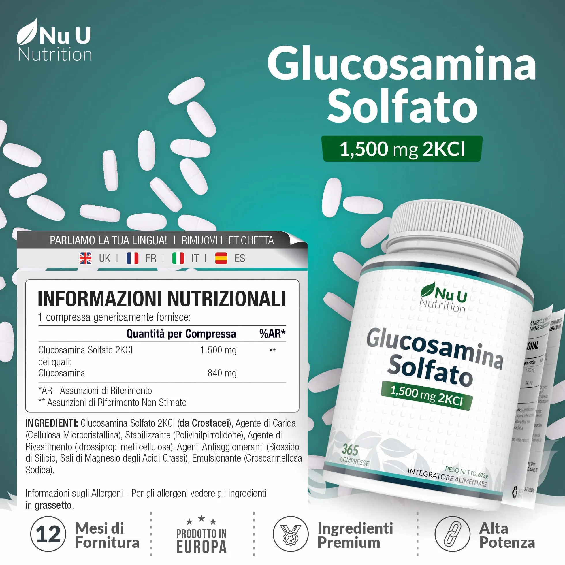 Glucosamina Solfato 1500 mg 2KCl Alto Dosaggio - 365 Compresse non Capsule - 1 Anno di Durata - Integratore per Articolazioni - Prodotto in Europa - Nu U Nutrition