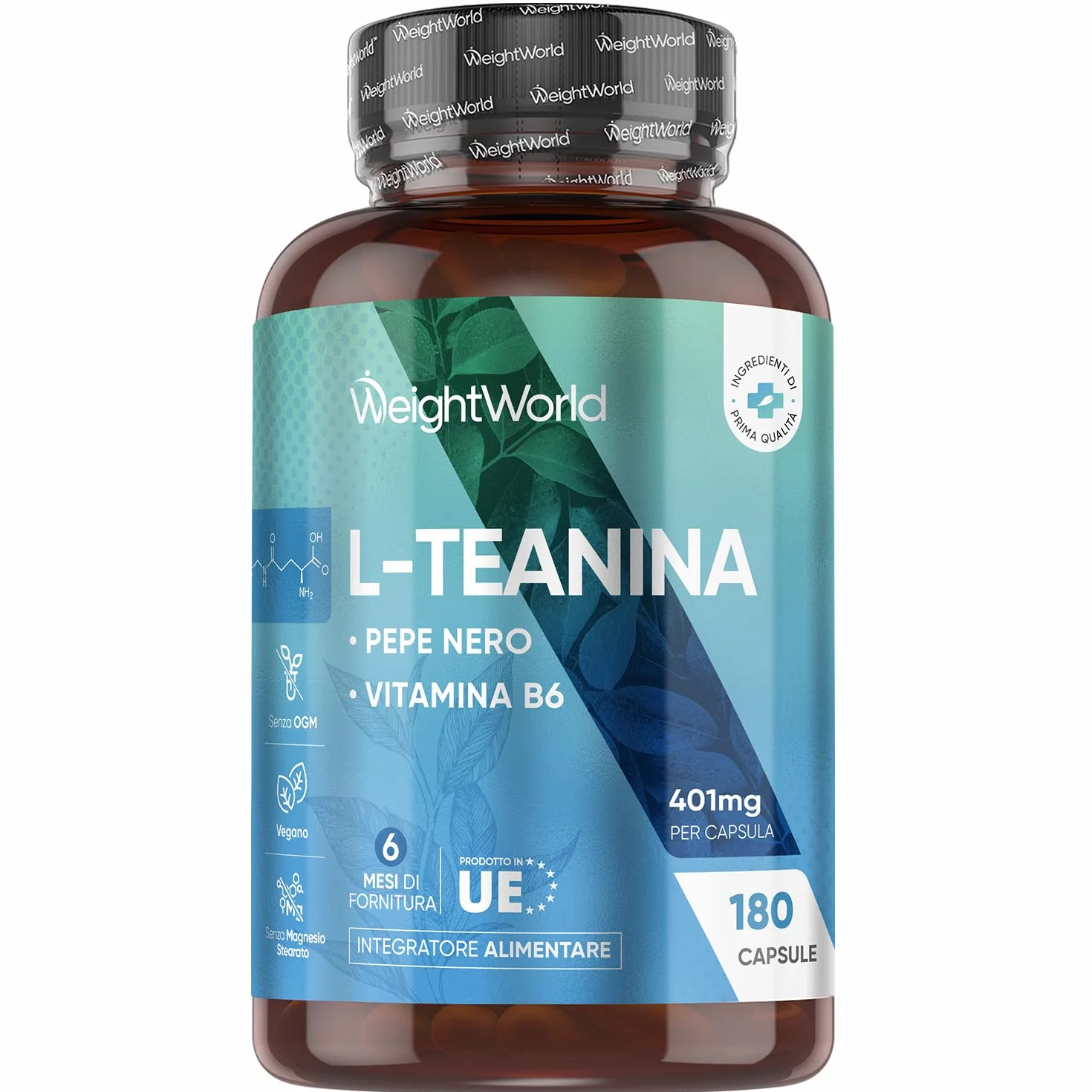 L Teanina 401mg, 180 Capsule Vegane, 1 al Giorno (6 Mesi di Scorta), L-Teanina Estratta dalla Camellia Sinensis con Pepe Nero e Vitamina B6, Aminoacido L Theanine da Tè Verde, Senza Magnesio Stearato