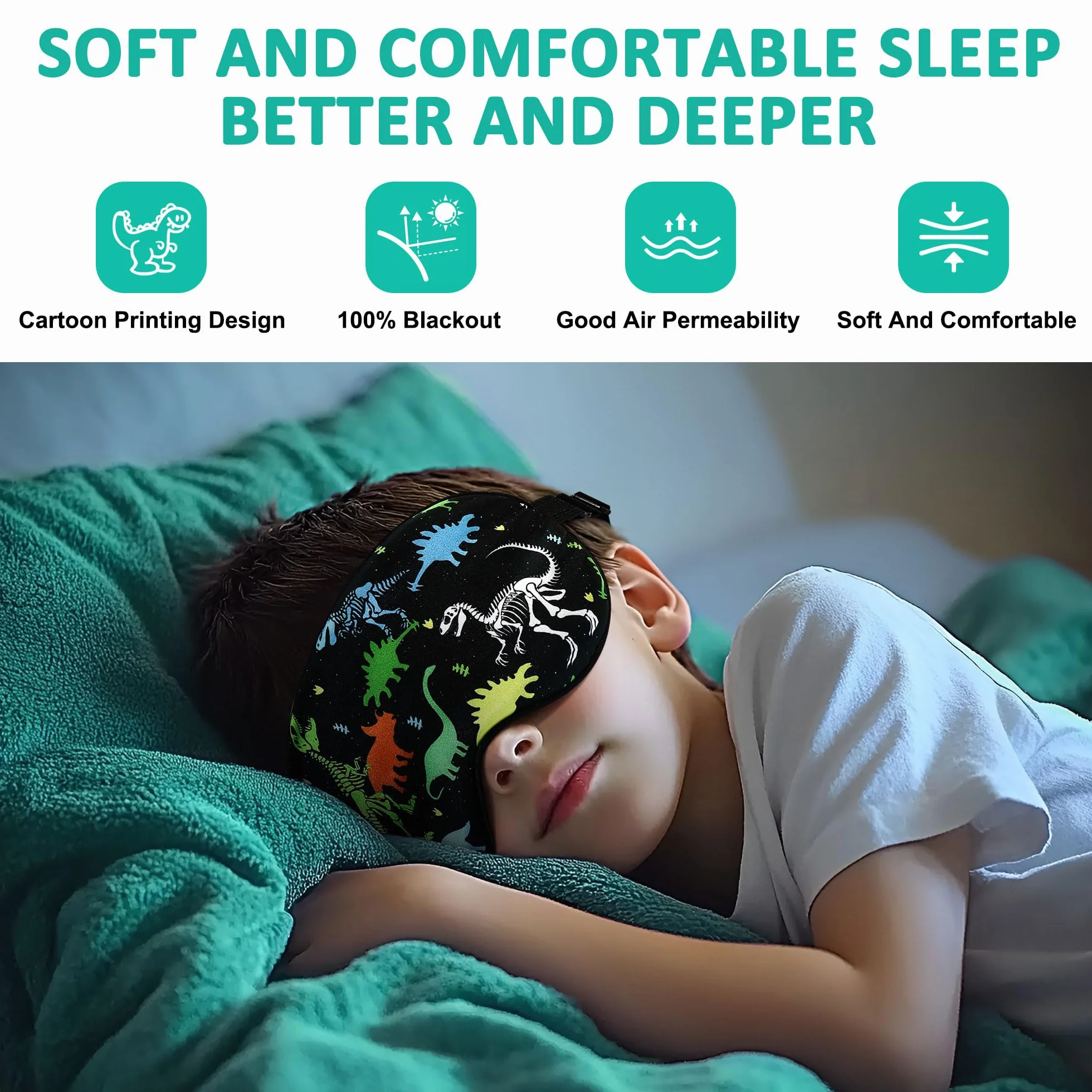Confezione da 2 maschere per dormire per bambini, motivo dinosauro, simpatiche mascherine per dormire, con cinghia regolabile, oscurante, per bambini e adolescenti, per chi dorme sul fianco, casa