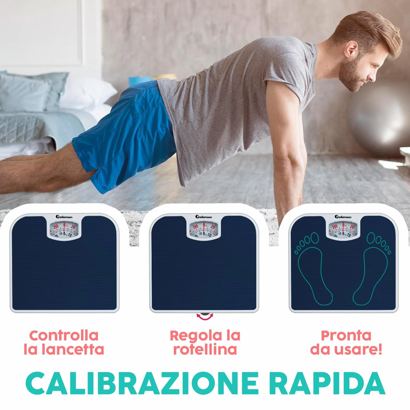 Adamson A21 Bilancia Pesapersone Meccanica - Fino a 136 KG - Superficie in Gomma Antiscivolo - Bilancia Pesapersone Analogica - Bilancia Analogica con 20 Anni DI Garanzia - Blu
