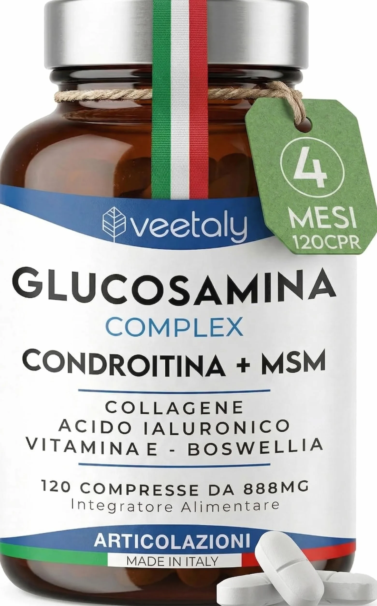 Glucosamina Condroitina MSM 888mg - Integratore Articolazioni e Cartilagine Ginocchio con Collagene, Acido Ialuronico, Vitamina E, Boswellia - 4 Mesi, 120 Compresse da 888 mg