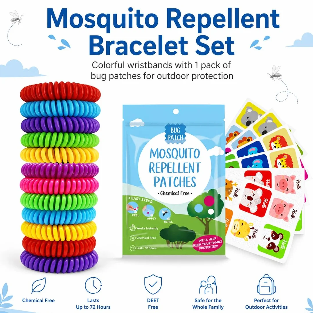 Bracciali Antizanzare a Spirale Set 10 + 36 Cerotti, Oli Essenziali Naturali, Senza DEET per Famiglia e Bambini