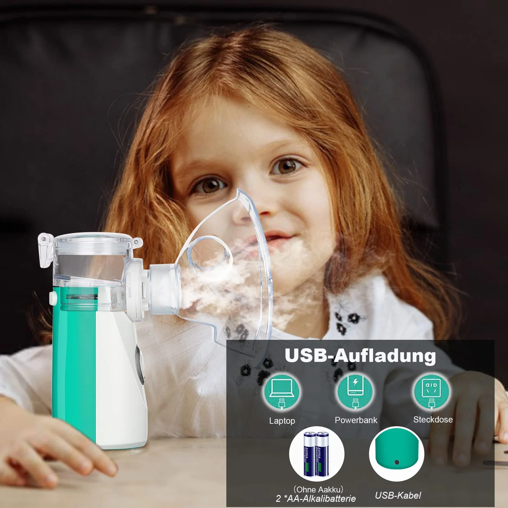 Aerosol Portatile per Bambini e Adulti Silenzioso Inalatore con Maschere e Ugello, Basso Rumore (Verde)