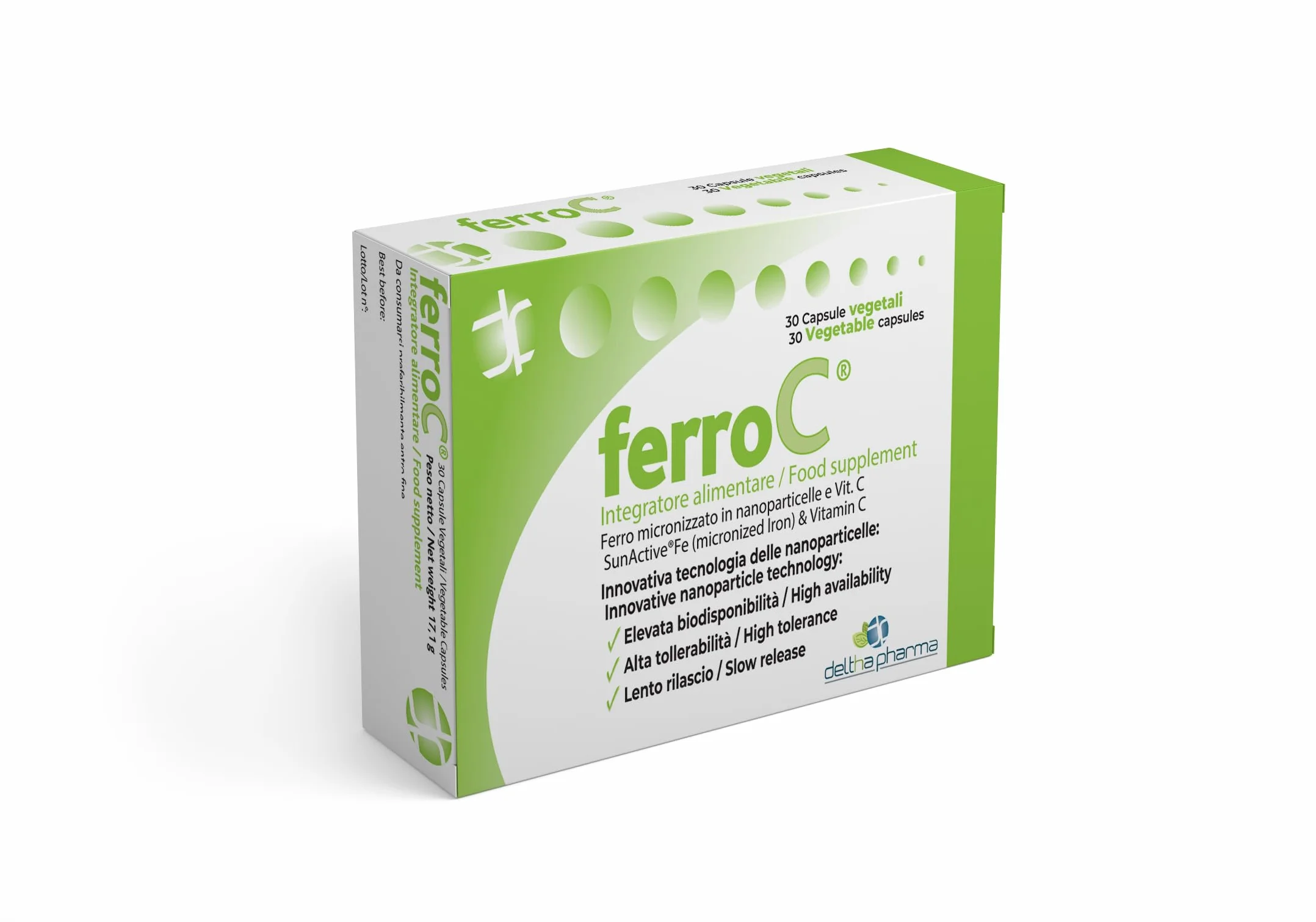 Ferro 30mg e VitaminaC 30 Caps vegetali Ferro Forte lento rilascio, Pirofosfato Micronizzato Superdisperso, Alta Biodisponibilità e Tollerabilità, Buon Sapore - per Glubuli Rossi e Emoglobina