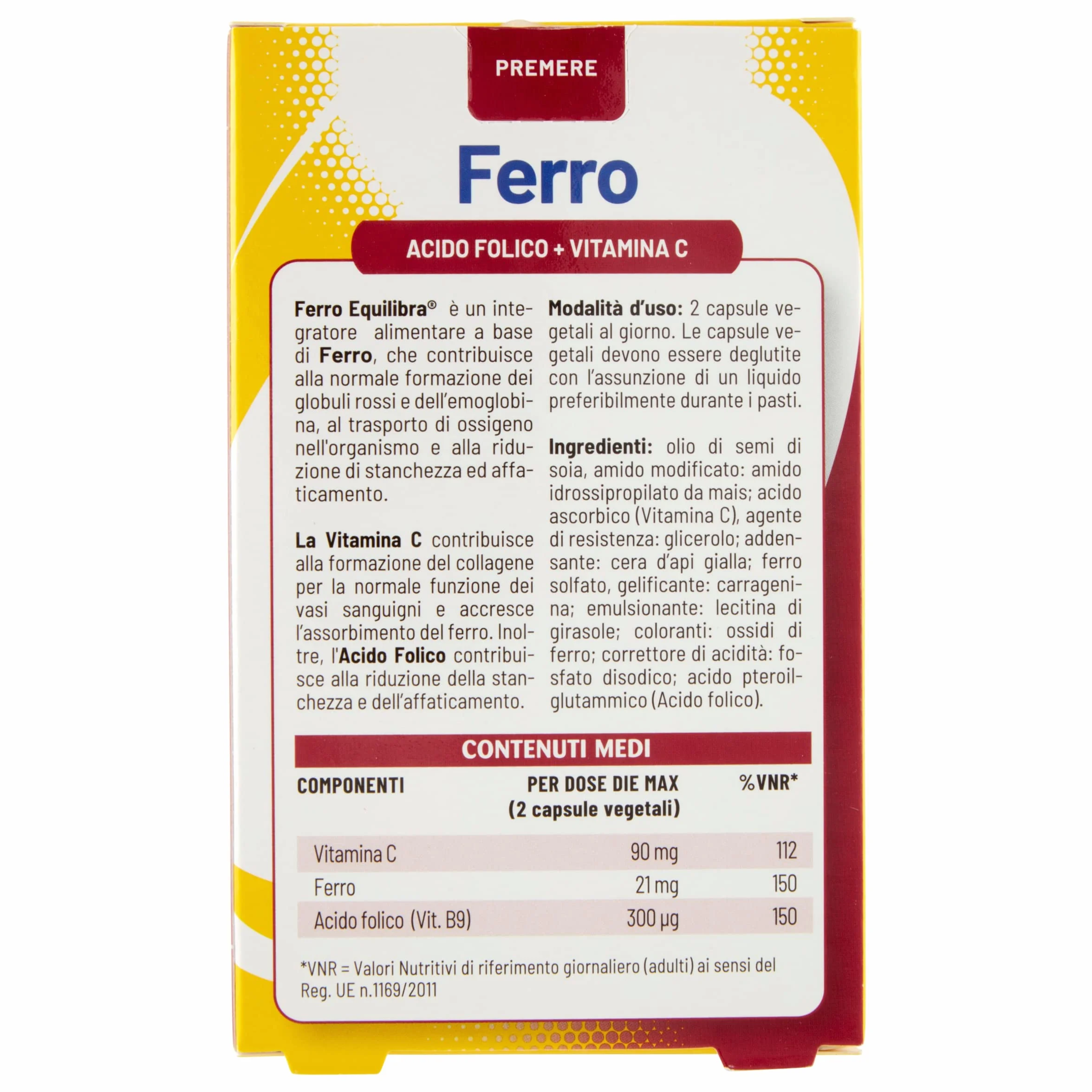 equilibra Integratori Alimentari, Ferro con Acido Folico + Vitamina C, Integratore a Base di Ferro, per la Normale Funzione dei Glubuli Rossi e dell'Emoglobina, 60 Capsule Vegetali