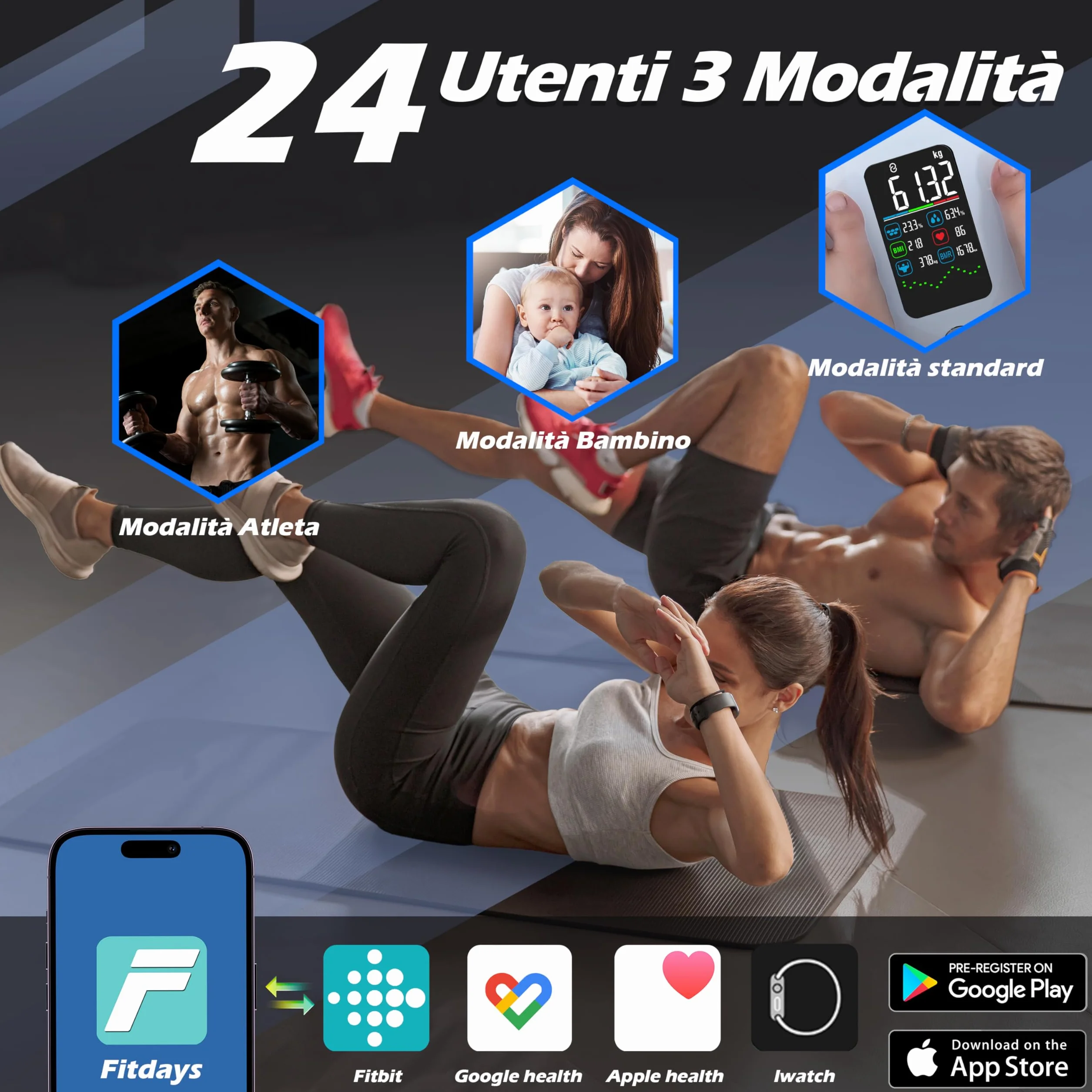 Lepulse Bilancia Impedenziometrica Intelligente Display Grande, Analisi Grasso Corporeo, Massa Muscolare, IMC, 22 Misurazioni con App
