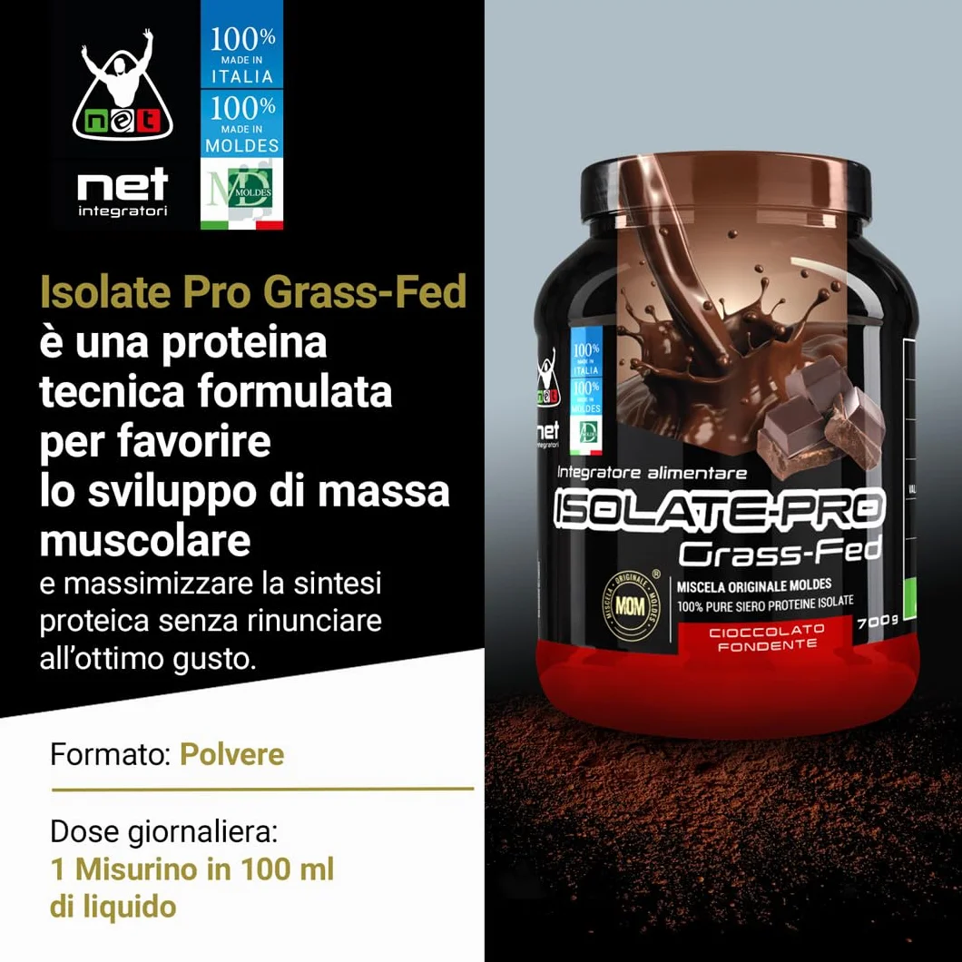 NET Integratori ISOLATE PRO Grass Fed 700g Cioccolato Fondente Proteine Isolate con EAA BCAA