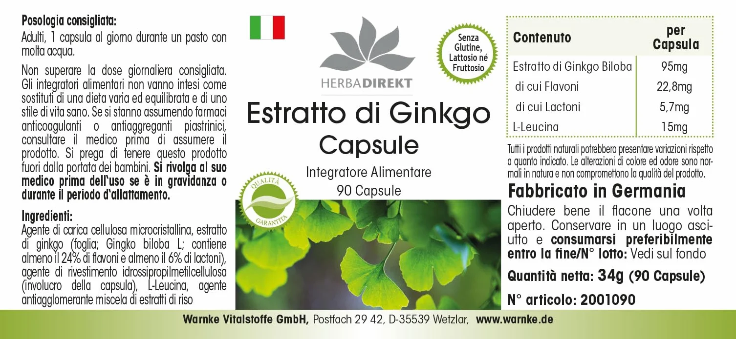 Estratto Ginkgo Biloba capsule 95mg - 90 capsule - almeno 24% di flavoni e almeno 6% di lattoni | HERBADIREKT by Warnke Vitalstoffe - Qualità da farmacia tedesca