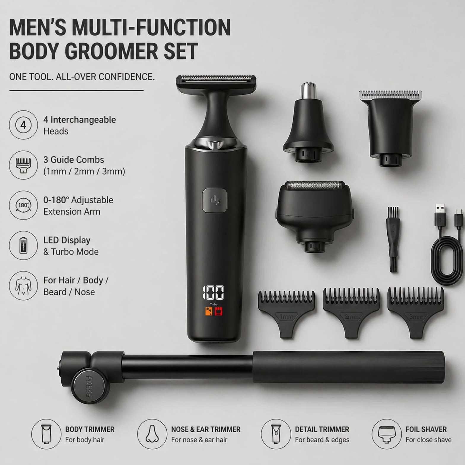 Rasoio Elettrico Per La Schiena Da Uomo, Depilatore Corpo Uomo Kit 5 In 1 Con Braccio Ausiliario Allungabile, per viso, Mento, Braccio, Schiena, Peli Pubici (A)