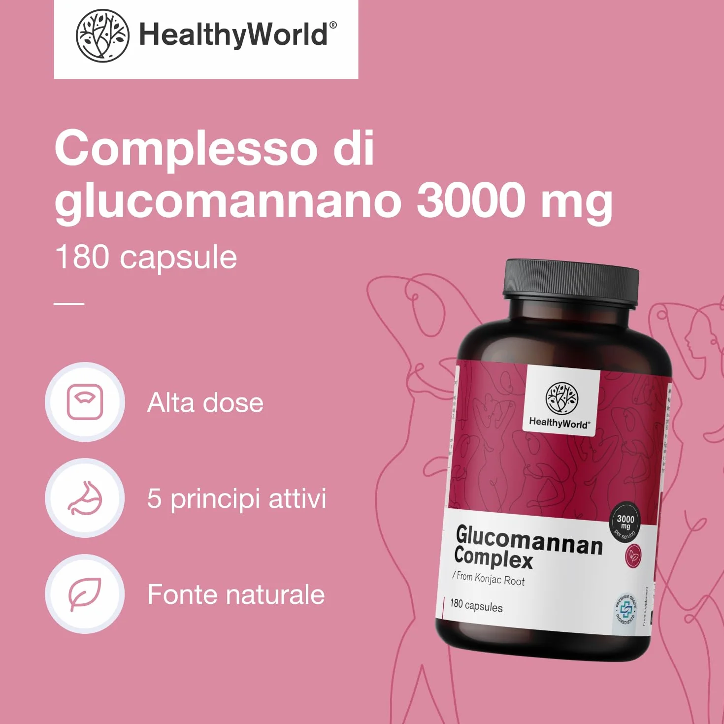 HealthyWorld Glucomannano 3000 mg 180 capsule Konjac Colina Cromo Vitamine D3 B3