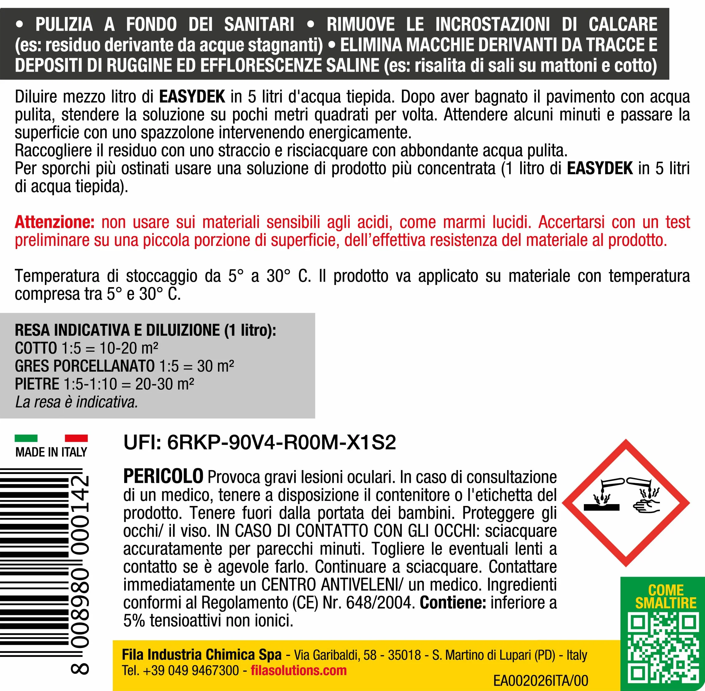 FILA Easydek Pulizia Disincrostante Detergente 1 Litro