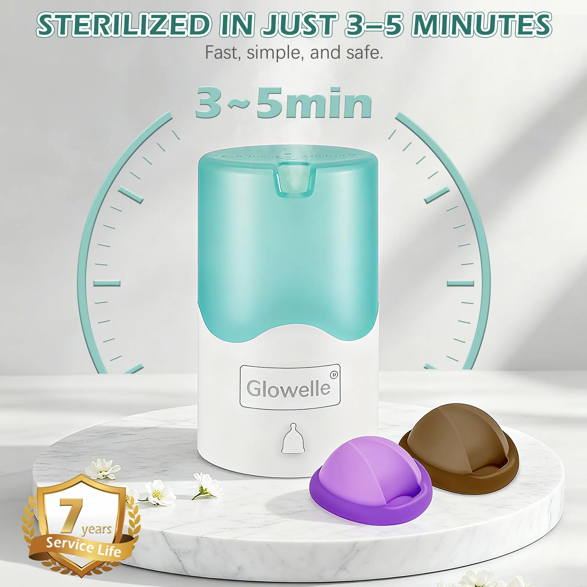 GLOWELLE Set Disco Menstruale e Sterilizzatore, Mini Pulitore a Vapore per Disco/Coppa con 2 Dischi Menstruali Riutilizzabili Morbidi, Alternativa a Tampone, Salvaslip e Coppa per Donne