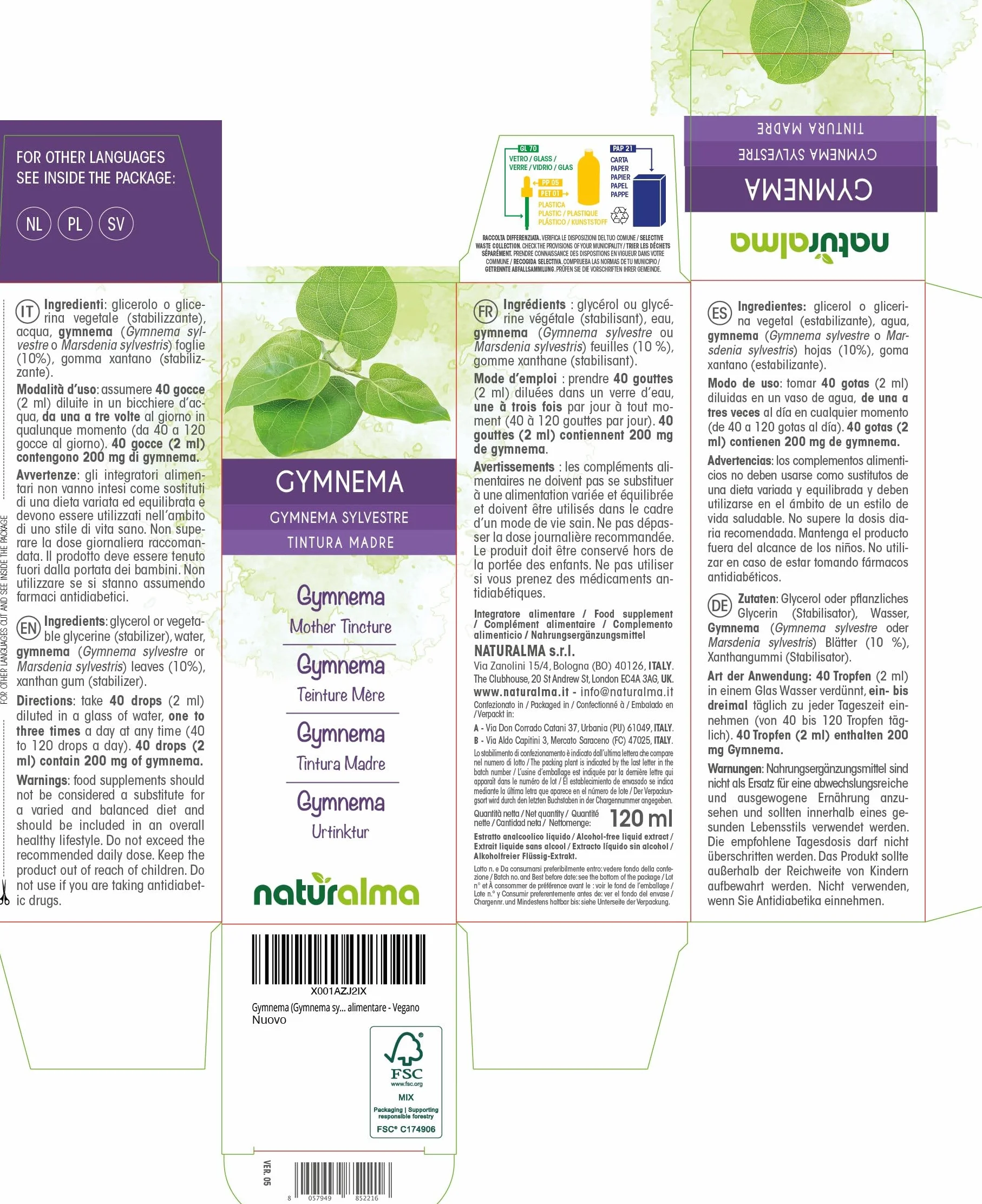 Gymnema sylvestre Tintura Madre analcoolica Naturalma Estratto liquido gocce 120 ml Integratore alimentare Vegano
