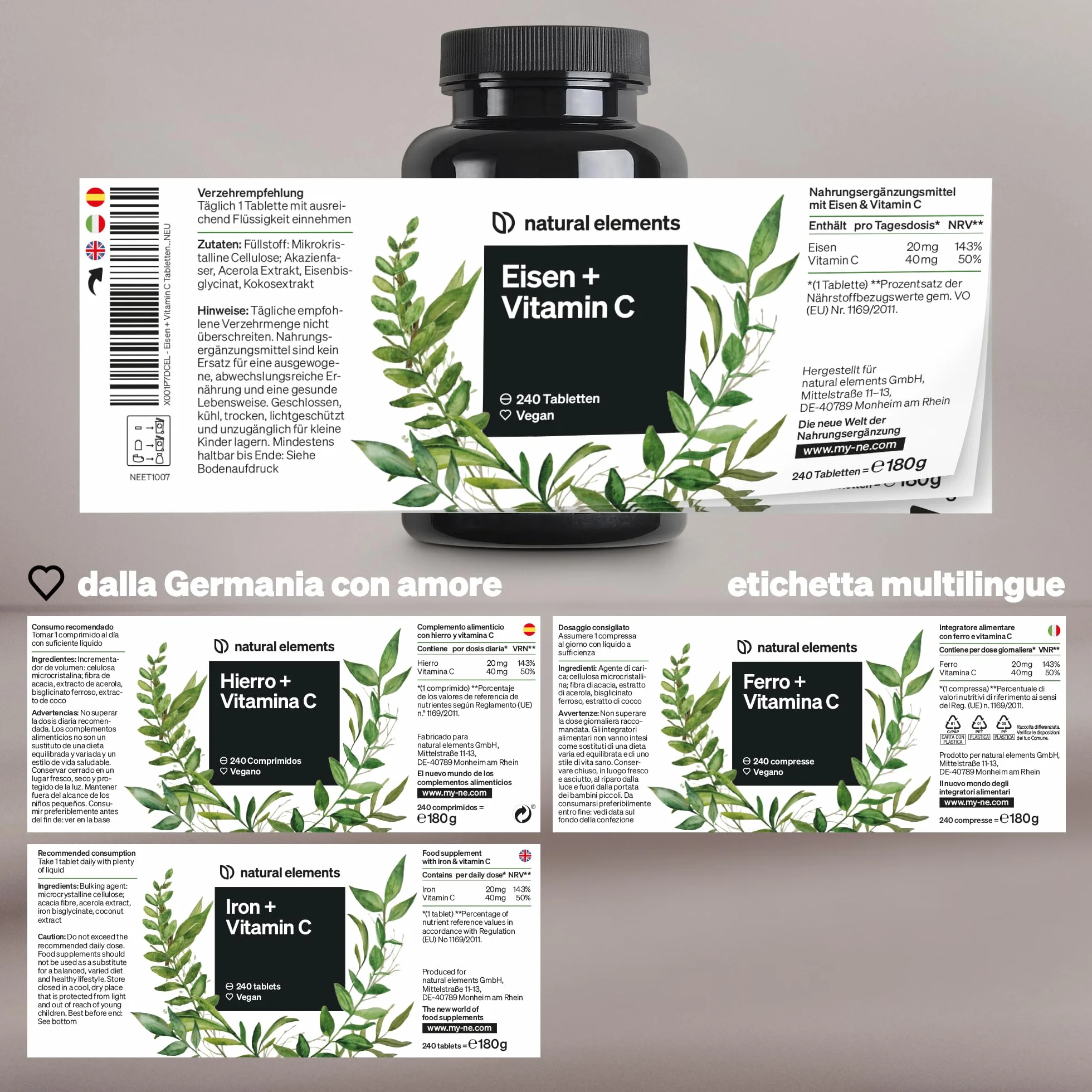 natural elements Integratore Ferro con 40mg Vitamina C (da bisglicinato ferroso) – 240 compresse vegane – vitamina C naturale da acerola – complesso chelato ben tollerato – ad alto dosaggio