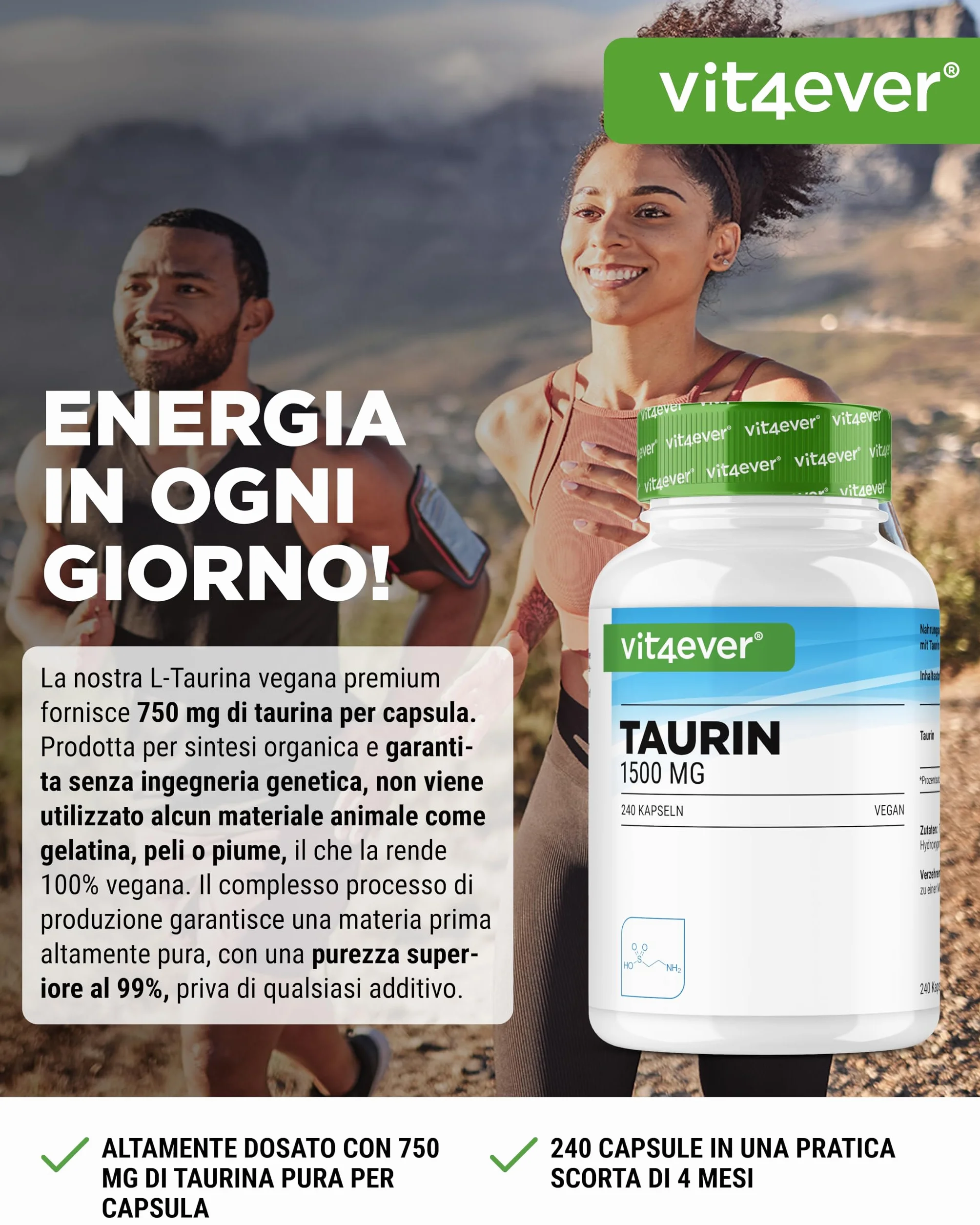 Taurina 240 Capsule 1500 mg per Dose Giornaliera 99% Purezza Vegano