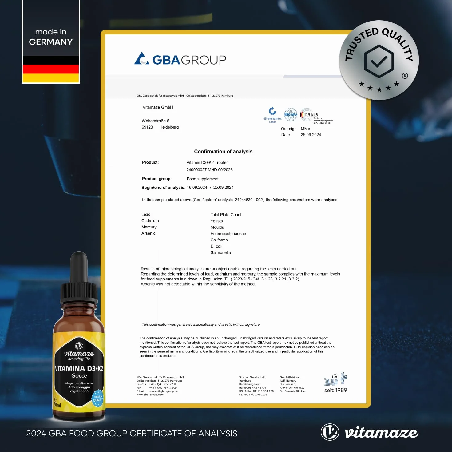 Vitamina D3 + K2 Gocce, 1000 UI ad Alta Dose, Vegetariano & Liquido (99,7+% All-Trans MK-7), 50 ml (1700 Gocce), Elevata Biodisponibilità, Nessun Additivo Inutile, Vitamaze