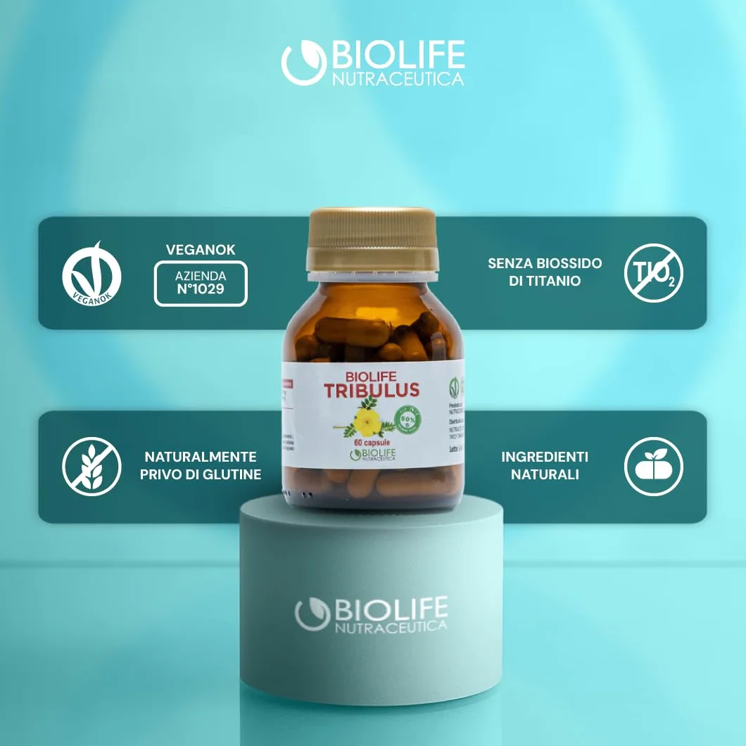 BIOLIFE Tribulus Terrestris 60 capsule 655 mg Titolato 90% Saponine Attive Prodotto Veganok integratore testosterone uomo