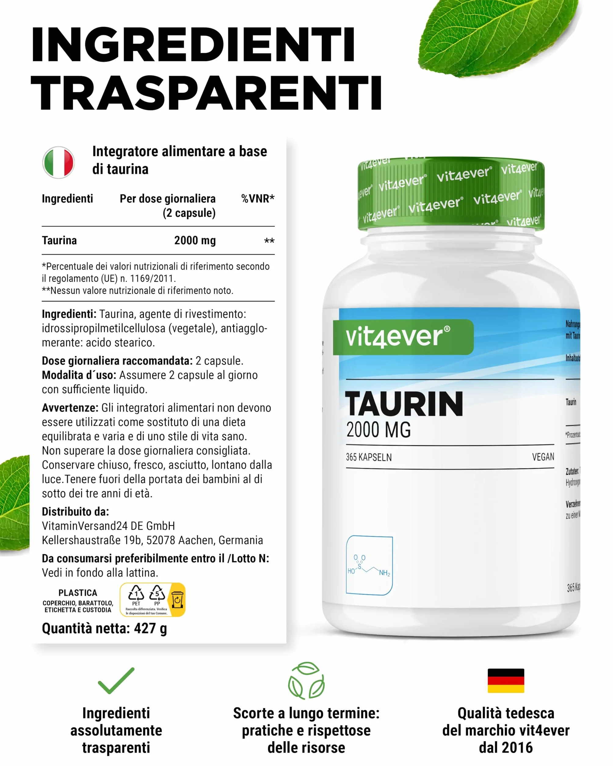 Vit4ever Taurina 365 Capsule Extra Alto Dosaggio 2000 mg per Dose Giornaliera Vegano