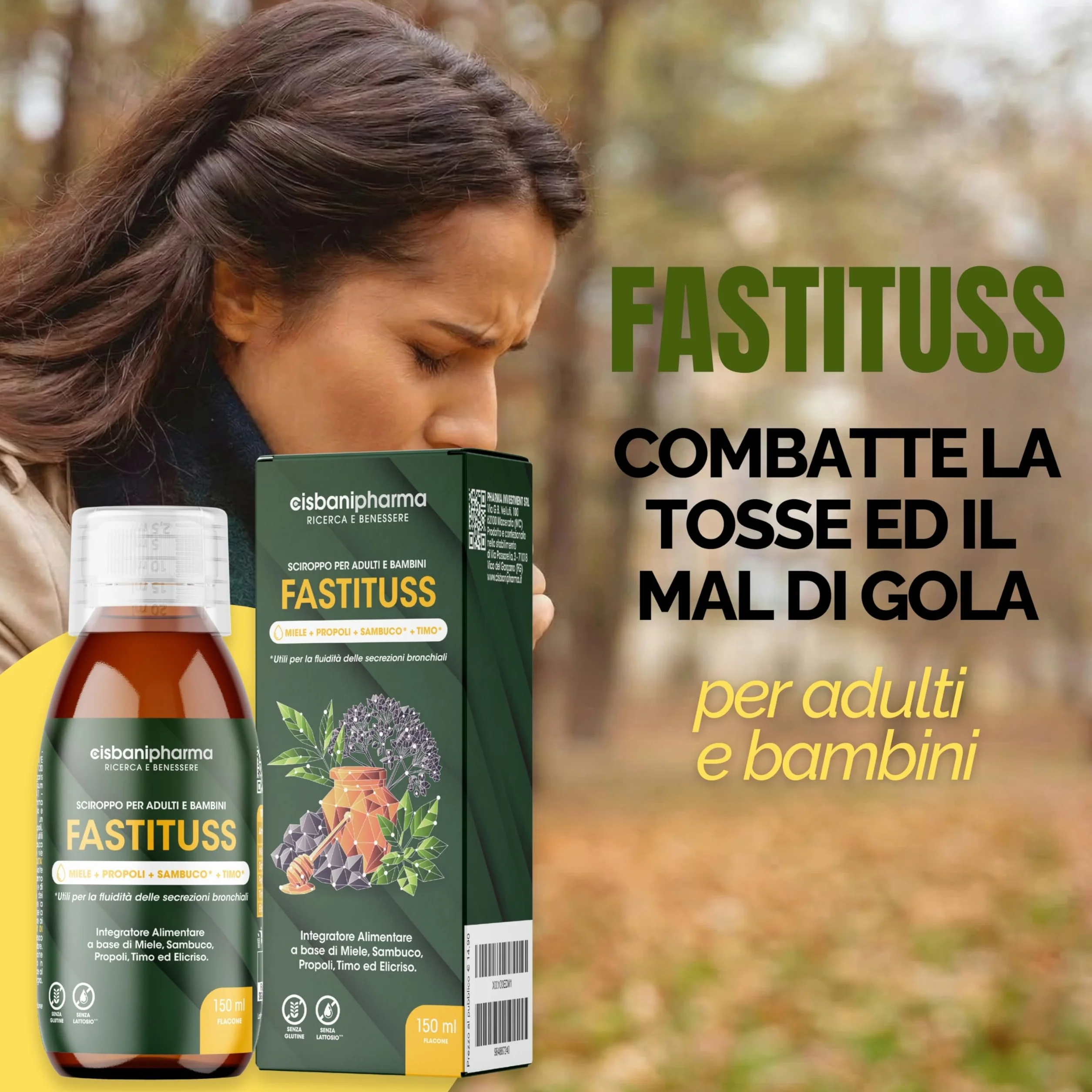CISBANI PHARMA Sciroppo tosse secca e grassa e mal di gola a base di Sambuco, Miele, Propoli, Timo ed Elicrisio - Emolliente e lenitivo - Flacone 150 ml, per Adulti e Bambini