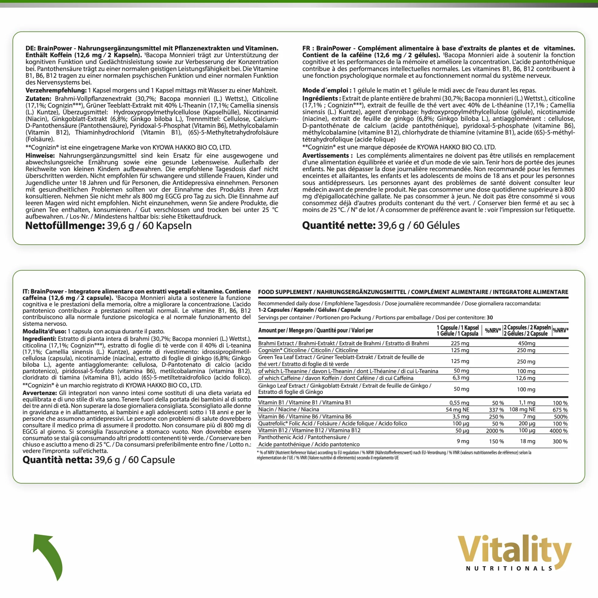 Brain Power, Ginkgo Biloba, Brahmi, Vitamina B6. Contribuisce a migliorare memoria, concentrazione, stress e l'affaticamento mentale. Vitality Nutritionals di VitaminExpress