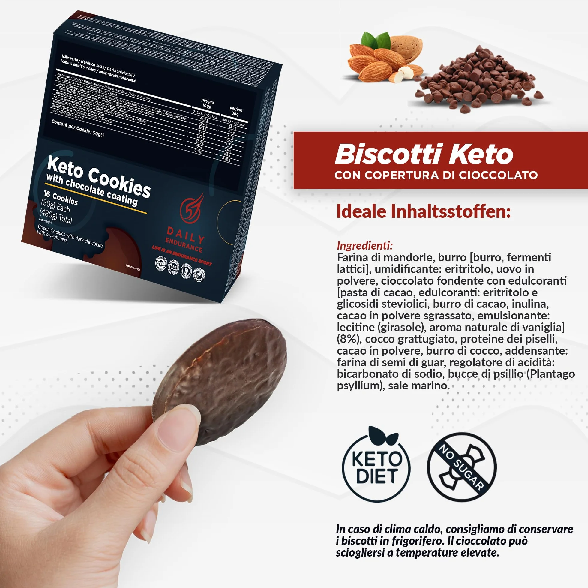 Keto Cookies Senza Zucchero 16 Biscotti Keto Rivestiti di Cioccolato Snack Keto 480g Daily Endurance