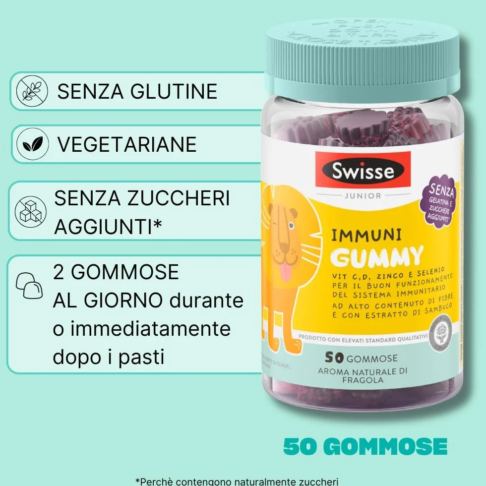 SWISSE Junior - Multivitaminico Completo Bambini con Vitamina D C B12 B6 e Minerali per Supporto al Sistema Immunitario, 50 Gommose ad Alto Contenuto di Fibre, Aroma Naturale di Fragola, Made in Italy