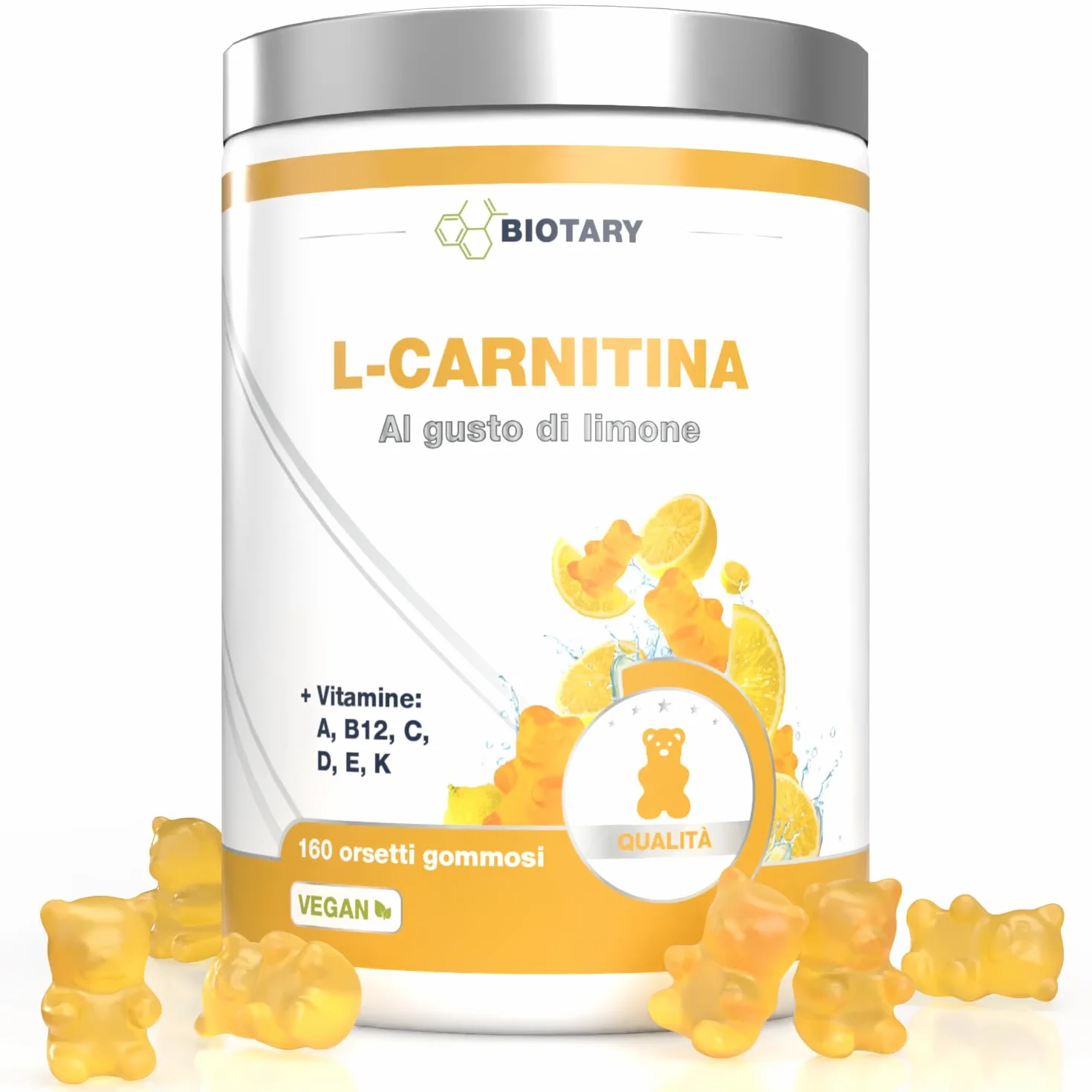Caramelle Gommose L-Carnitina 3000 mg, 160 Gummies, con Vitamine A B12 C D E K, Vegane Senza Zucchero