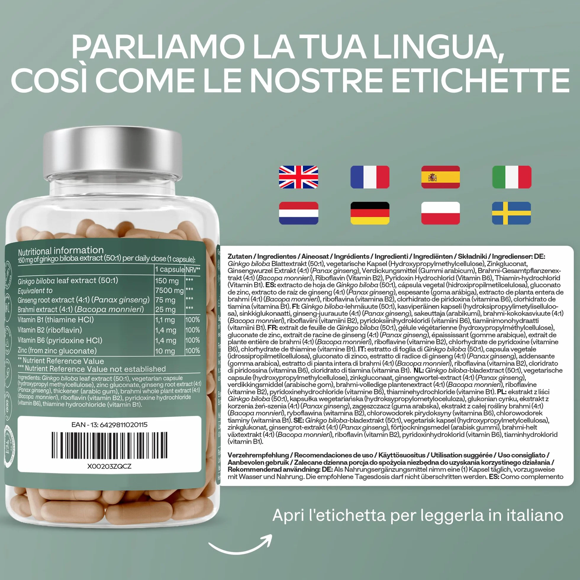 Ginkgo Biloba Integratore 7500mg 50:1 con Ginseng Rosso Coreano, Bacopa Monnieri, Vitamina B Complex, Zinco - Nootropico Memoria e Concentrazione - 180 capsule