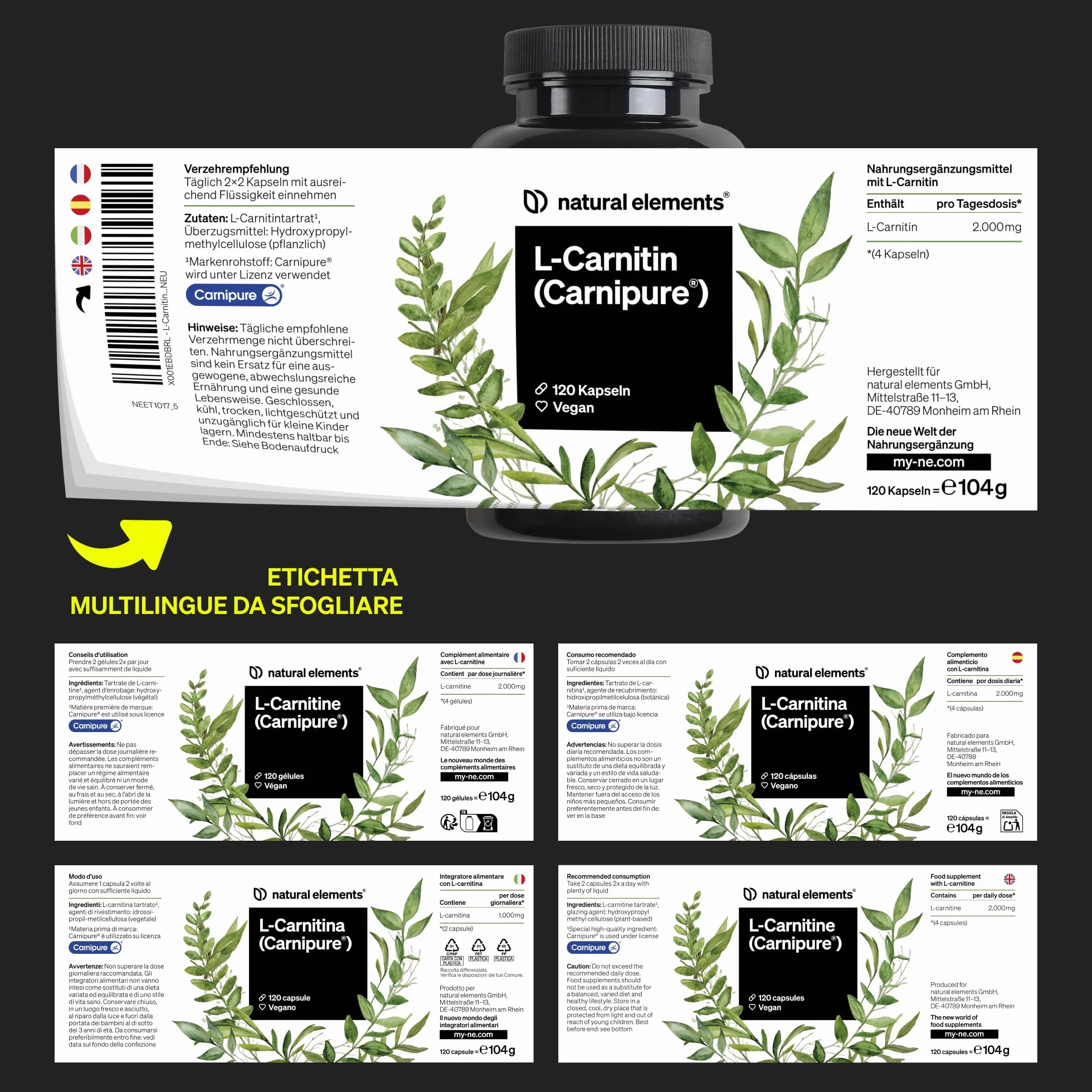 L-Carnitina 2000 con Carnipure, 2000 mg di L-carnitina per Dose Giornaliera, 120 Capsule Vegan, ad Alto Dosaggio e Senza Additivi, Prodotto e Testato in Laboratorio in Germania