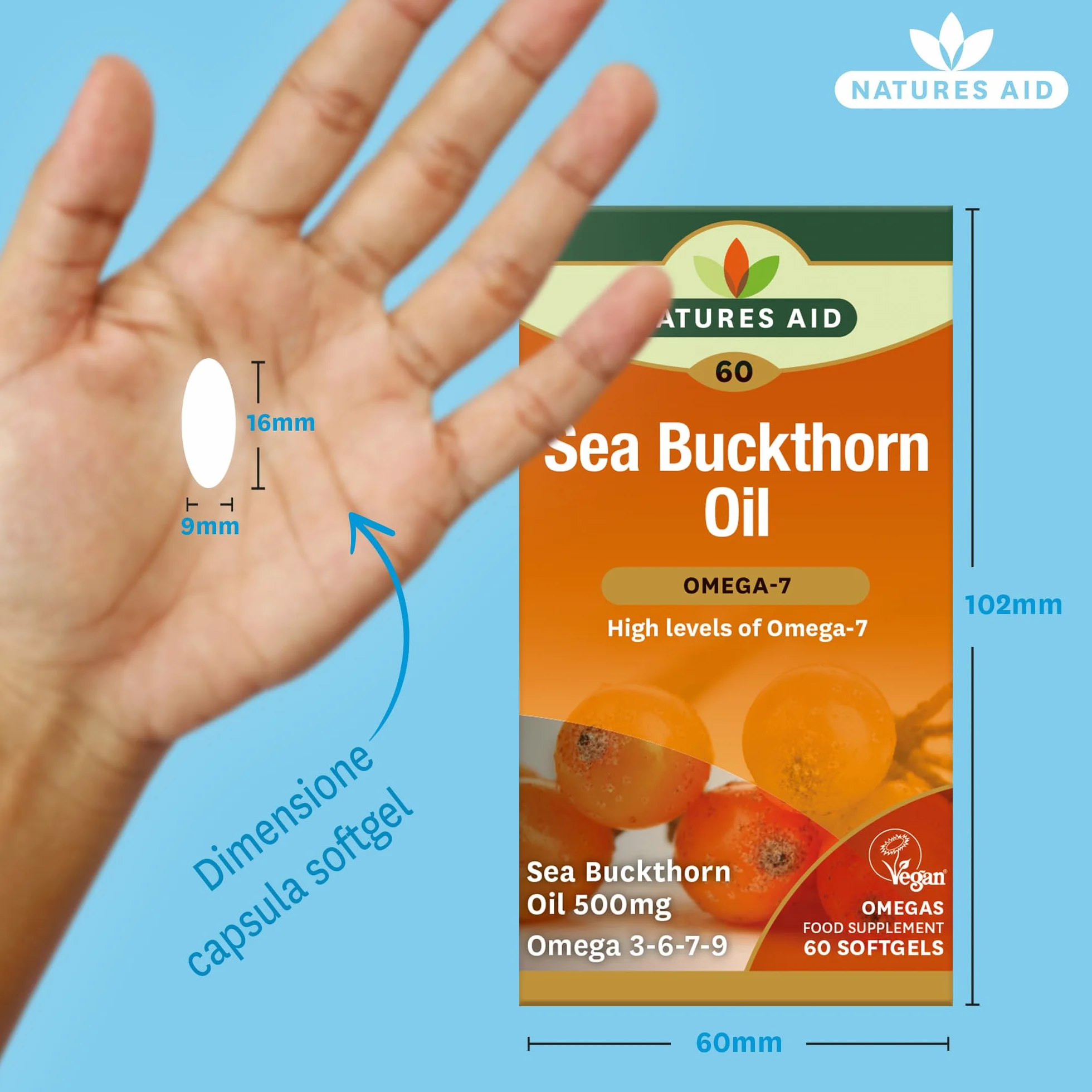 Natures Aid Omega-7 Sea Buckthorn Oil 500mg 60 Vegetarian Softgels