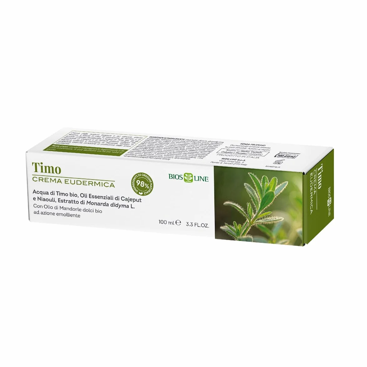 BIOS LINE Crema Eudermica Timo, Crema Lenitiva per Punture Insetti, Impurità Cutanee con Estratto di Monarda, 100 ml