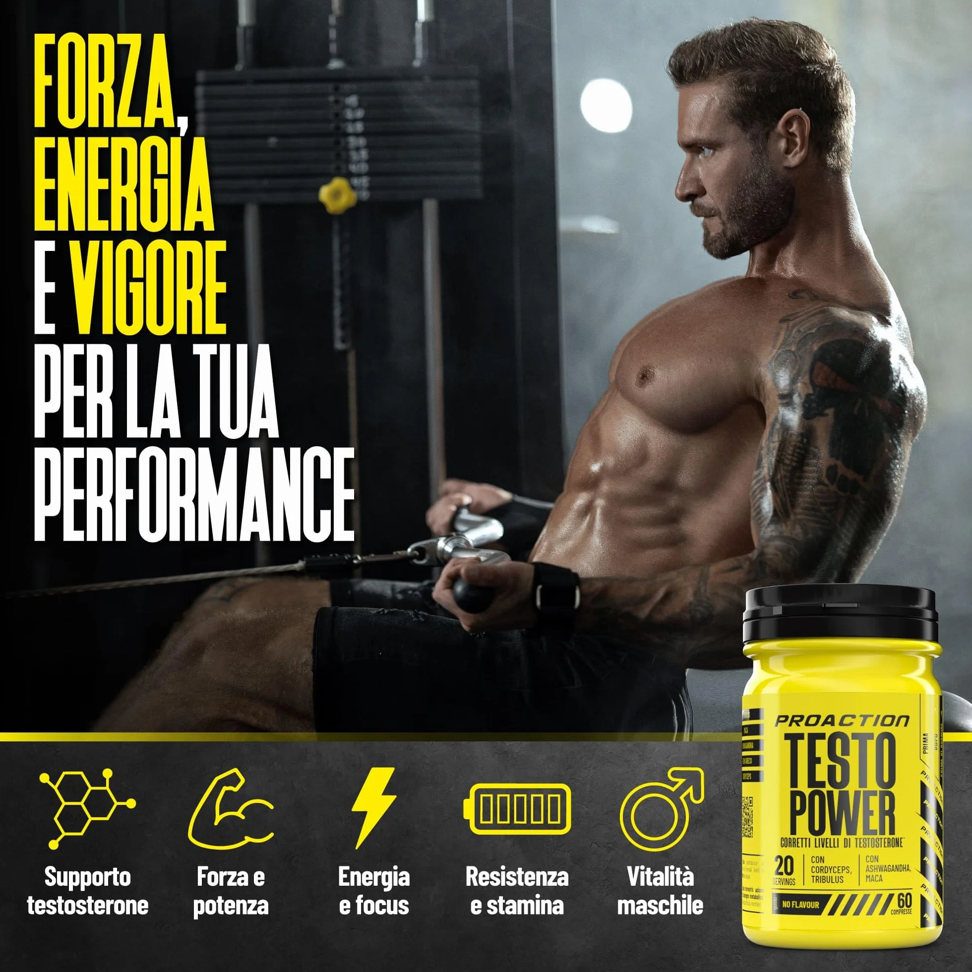 ProAction TESTO POWER | Testosterone Booster con Alto Dosaggio di Tribulus Terrestris, Maca Nera, Fieno Greco, Ashwagandha e Zinco | Integratore Testosterone Uomo per Aumento Massa Muscolare | 60 cpr