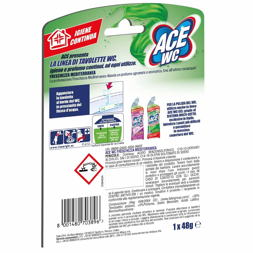 ACE Tavoletta WC Anticalcare Freschezza Mediterranea – Detergente WC con Schiuma Attiva, Profumo Agrumato, 12 Pezzi