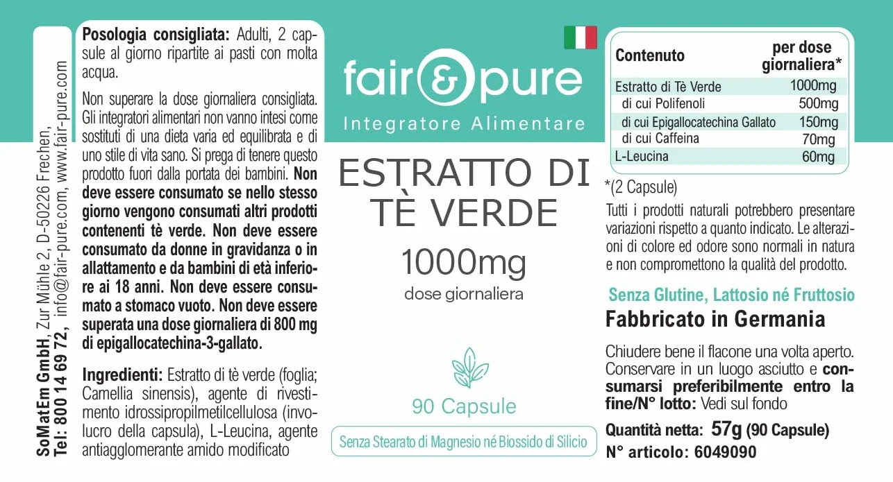 Fair & Pure® - Estratto di tè verde 1000 mg (Camilla sinensis) - 90 capsule - 50% polifenoli (tra cui EGCG) - vegano - senza magnesio stearato