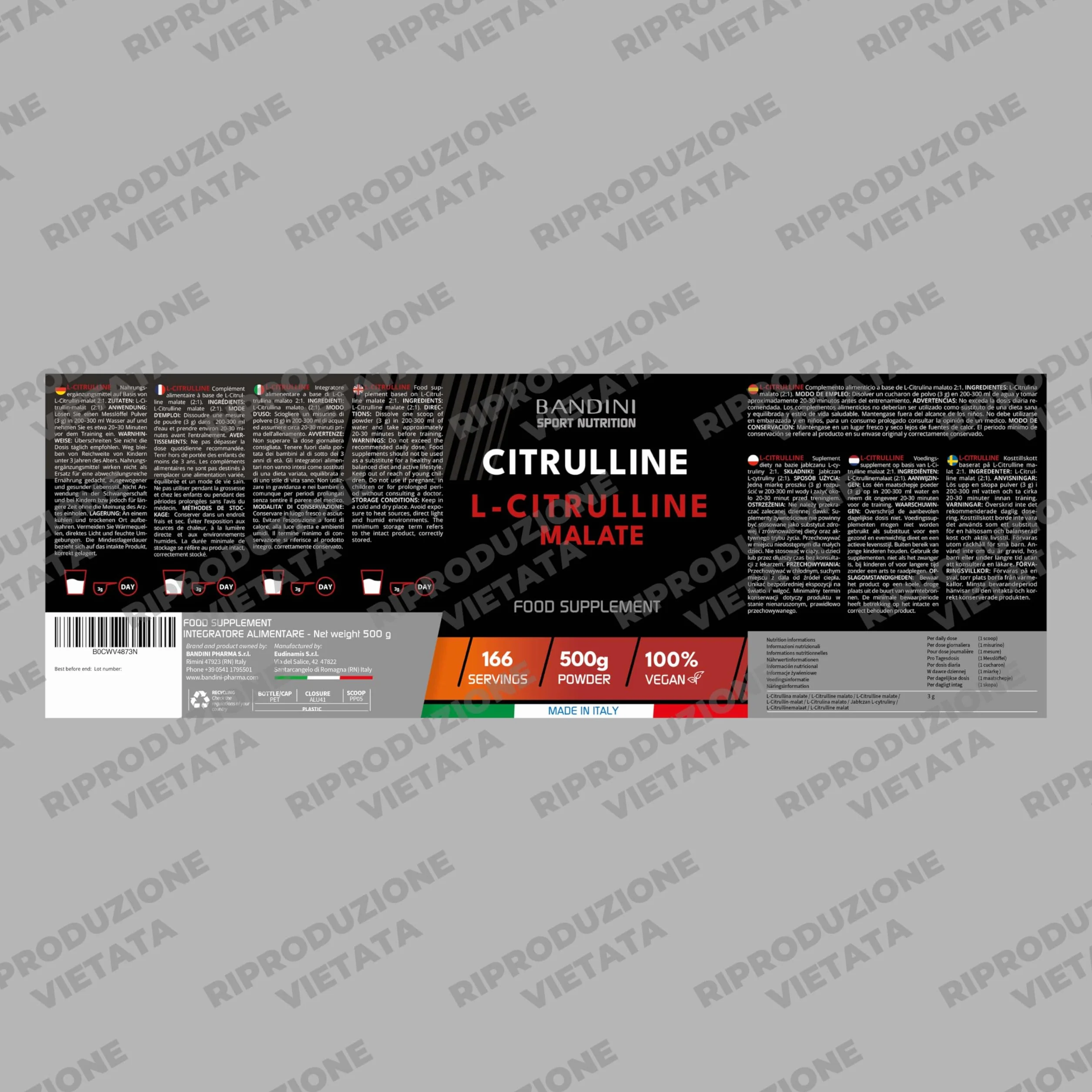 Bandini® L-Citrulline Malate Polvere 500 grammi, 3 grammi di L Citrulline Malat per Dose, Citrullina Malato 2:1 Polvere Insapore, Fermentazione Vegetale, Altamente dosata, Vegan, Booster Pre Workout
