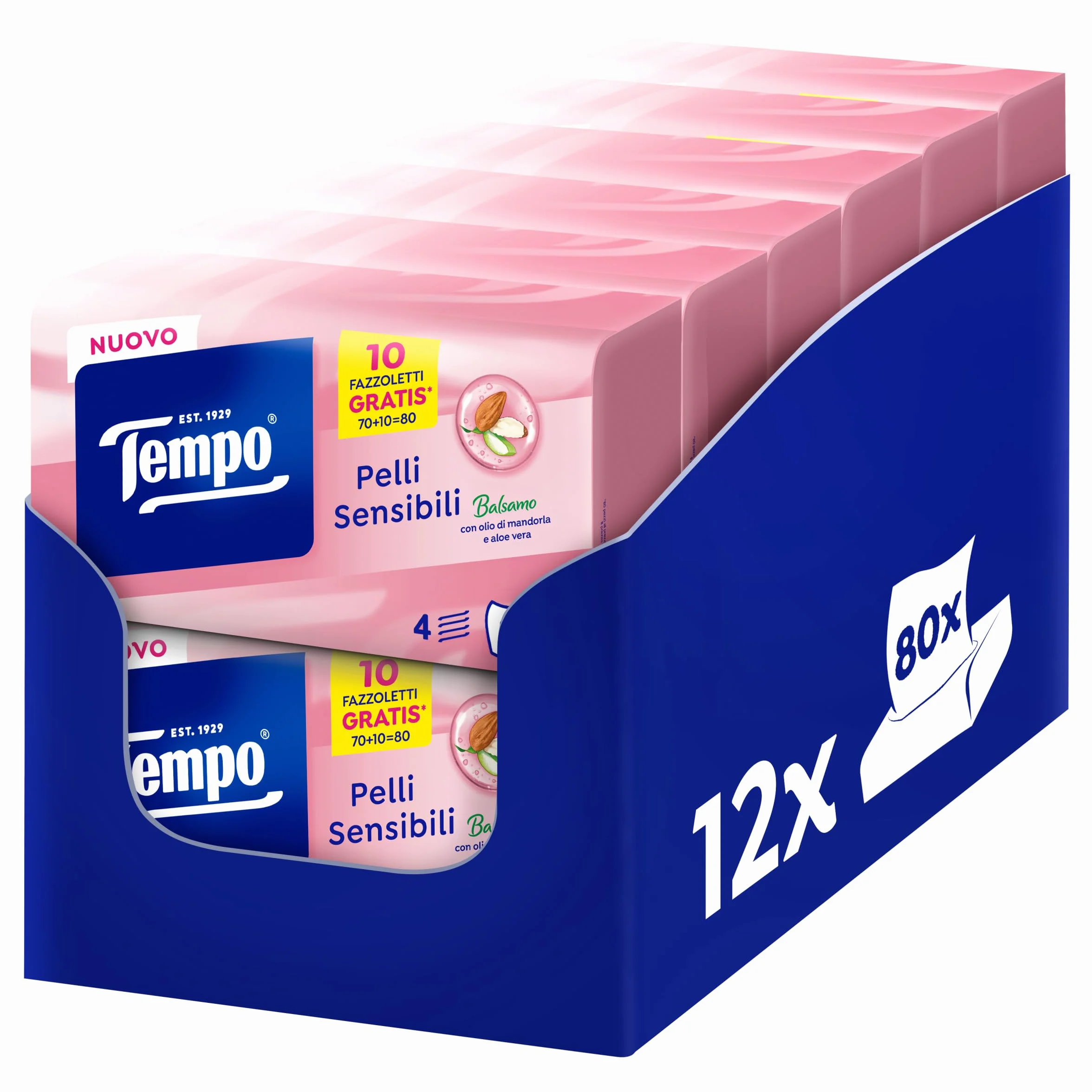Tempo Fazzoletti Box Pelli Sensibili 4 Veli 12 Confezioni 960 Fazzoletti olio di mandorla aloe vera