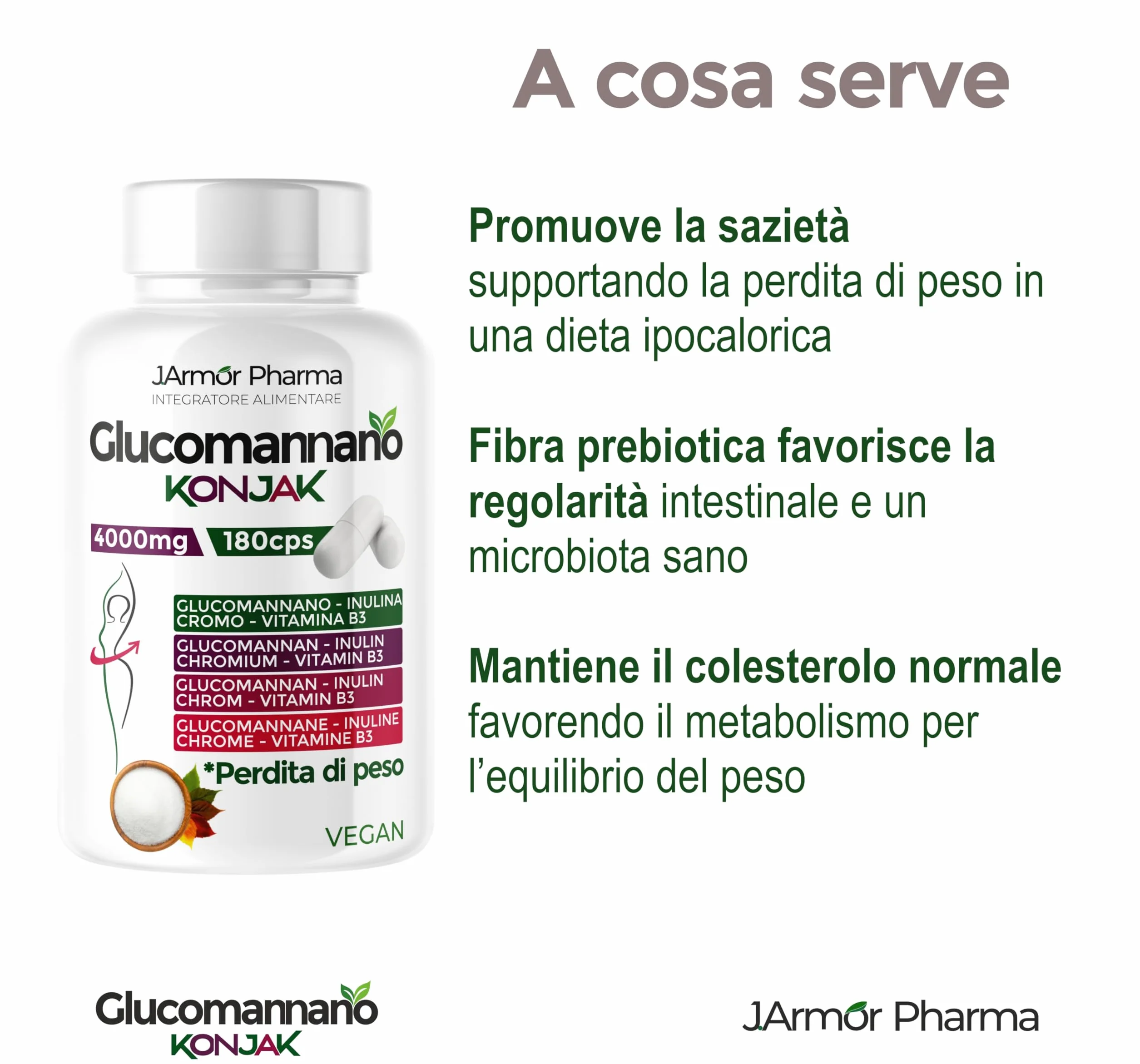 Glucomannano Capsule con Inulina, Cromo e Vitamina B3 – Fibra Alimentare – 180 Capsule Vegane – J.Armor Pharma