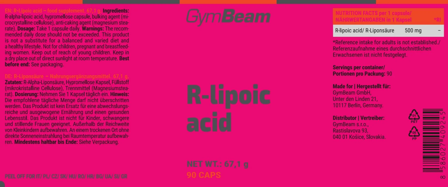 GymBeam Acido R-Lipoico (R-ALA) 500 mg - Capsule Vegane, 90 cps