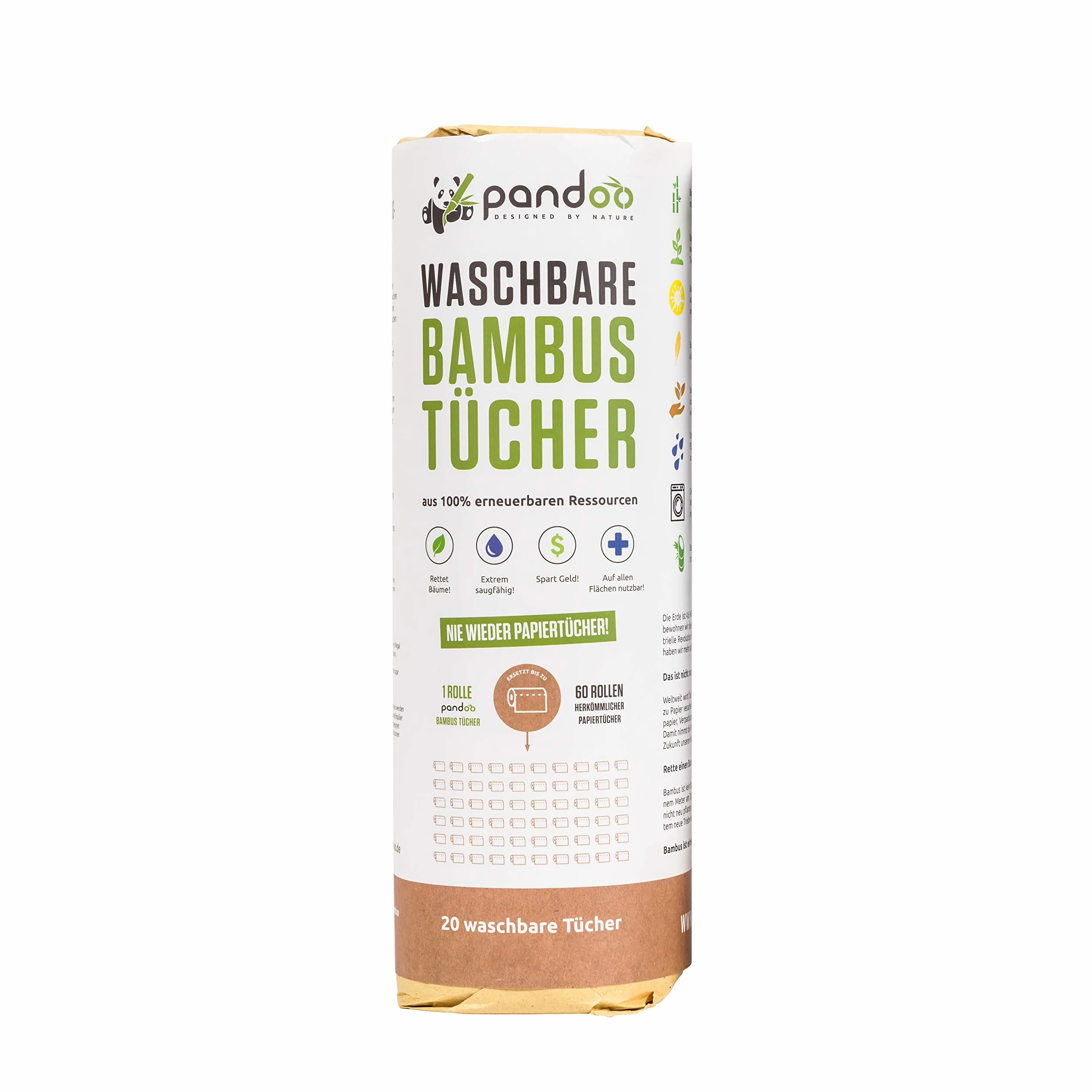 Pandoo salviette di carta ecologiche, sostituisce 60 rotoli, assorbente e resistente