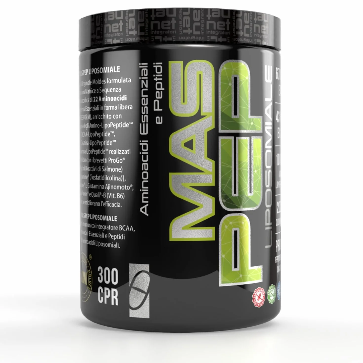 NET Integratori MAS PEP LIPOSOMIALE - Pre-Intra e Post Workout con EAA Amminoacidi Essenziali e BCAA - Massimizza la Sintesi Proteica, la Crescita e il Recupero Muscolare (300 Compresse)