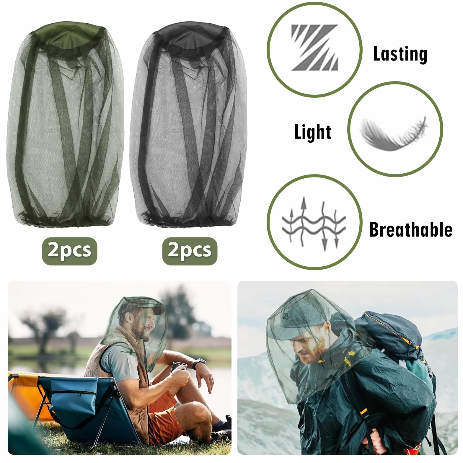 Cappello Antizanzare 4 Pezzi Rete Antizanzare Maglia Ultra-Fine 522 Fori/pollice² Leggero Traspirante Campeggio Escursionismo Pesca
