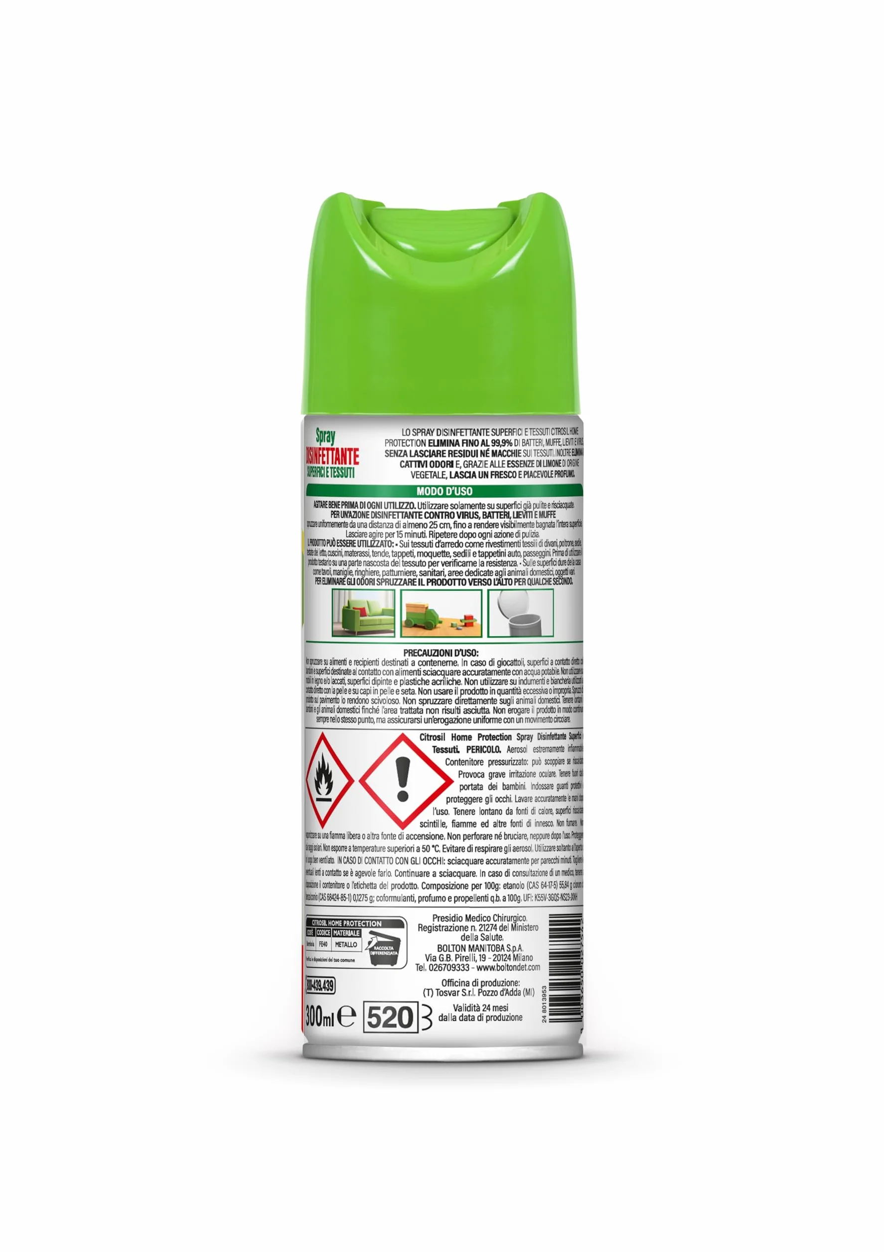 Citrosil Disinfettante Spray 300 ml, Superfici e Tessuti, Elimina 99,9% Virus e Batteri