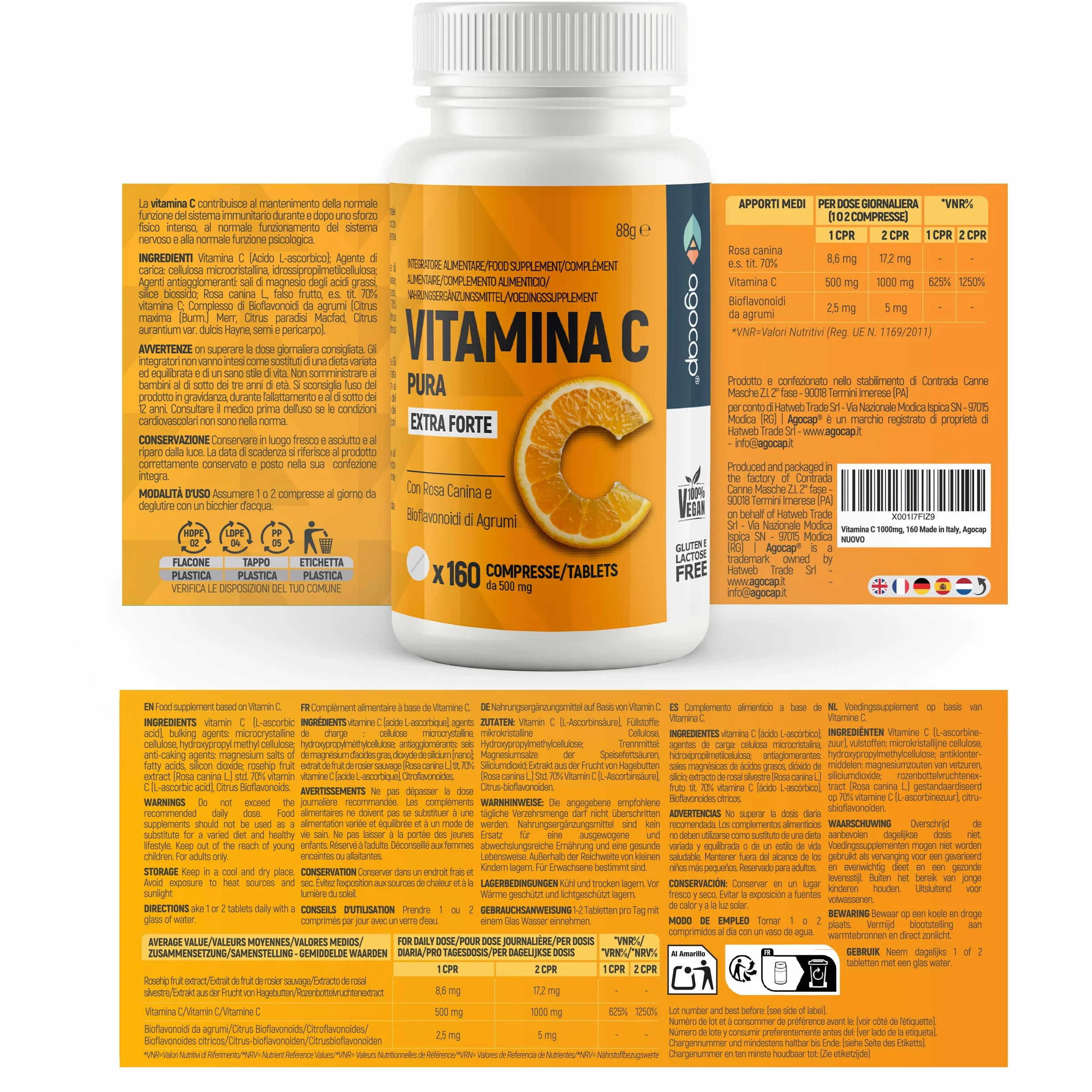 Vitamina C 1000mg Alto Assorbimento con Rosa Canina e Bioflavonoidi 160 cpr Vegana