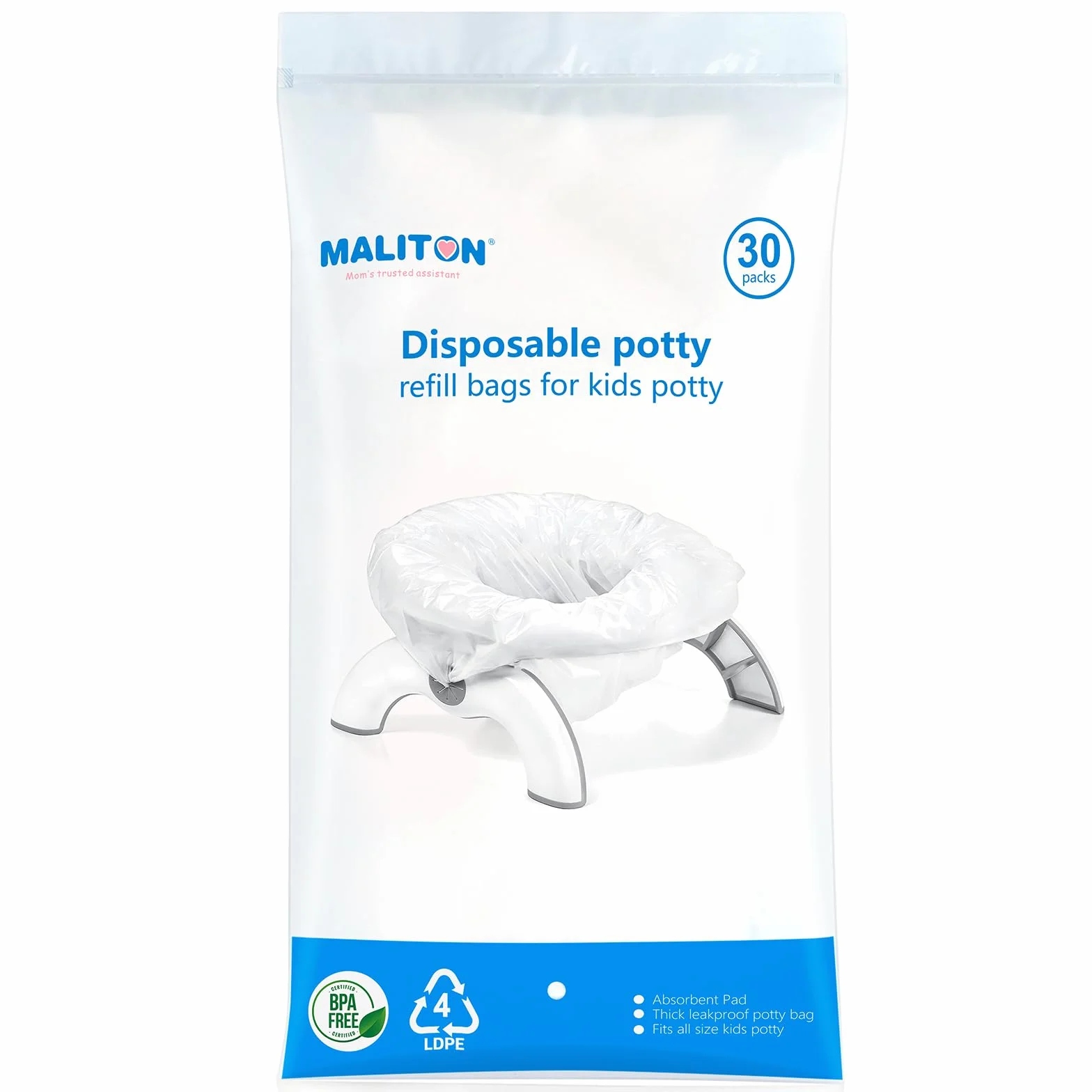 Maliton 30 sacchetti usa e getta per vasino con cuscinetto assorbente per viaggi, auto, universali, adatti per la maggior parte delle sedie e del sedile del water, portatili, igienici e pratici