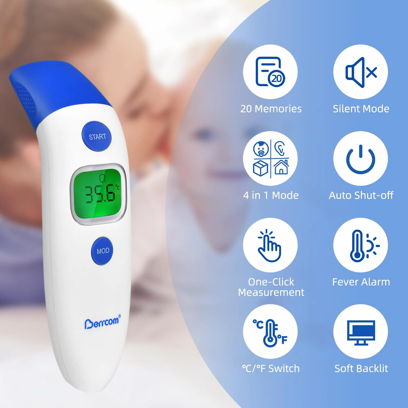 Berrcom Termometro digitale a infrarossi per fronte e orecchio, senza contatto, per bambini e adulti con allarme febbre