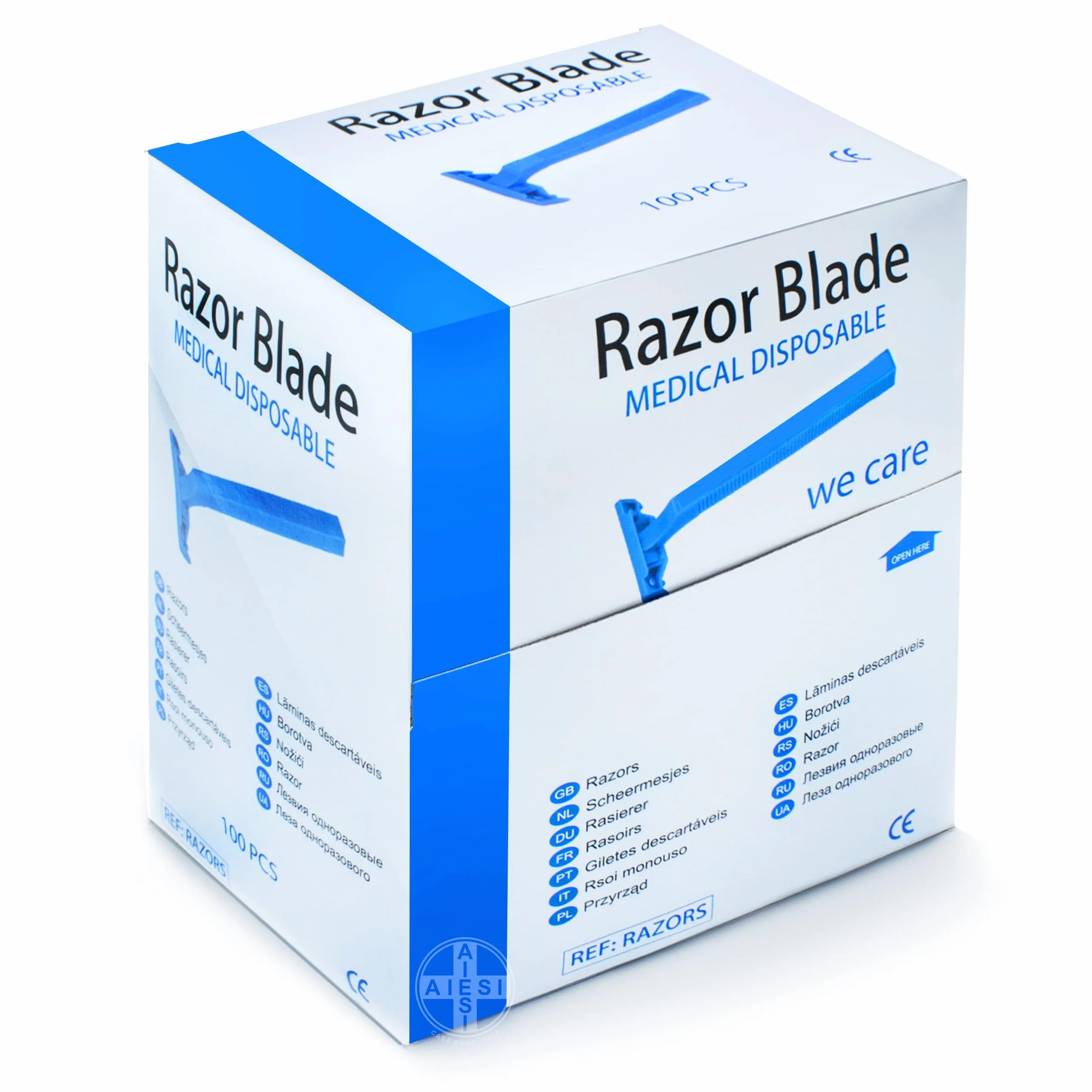 AIESI® Rasoi monouso per tricotomia monolama (100 pezzi) in acciaio inox con pettine e cappuccio di protezione