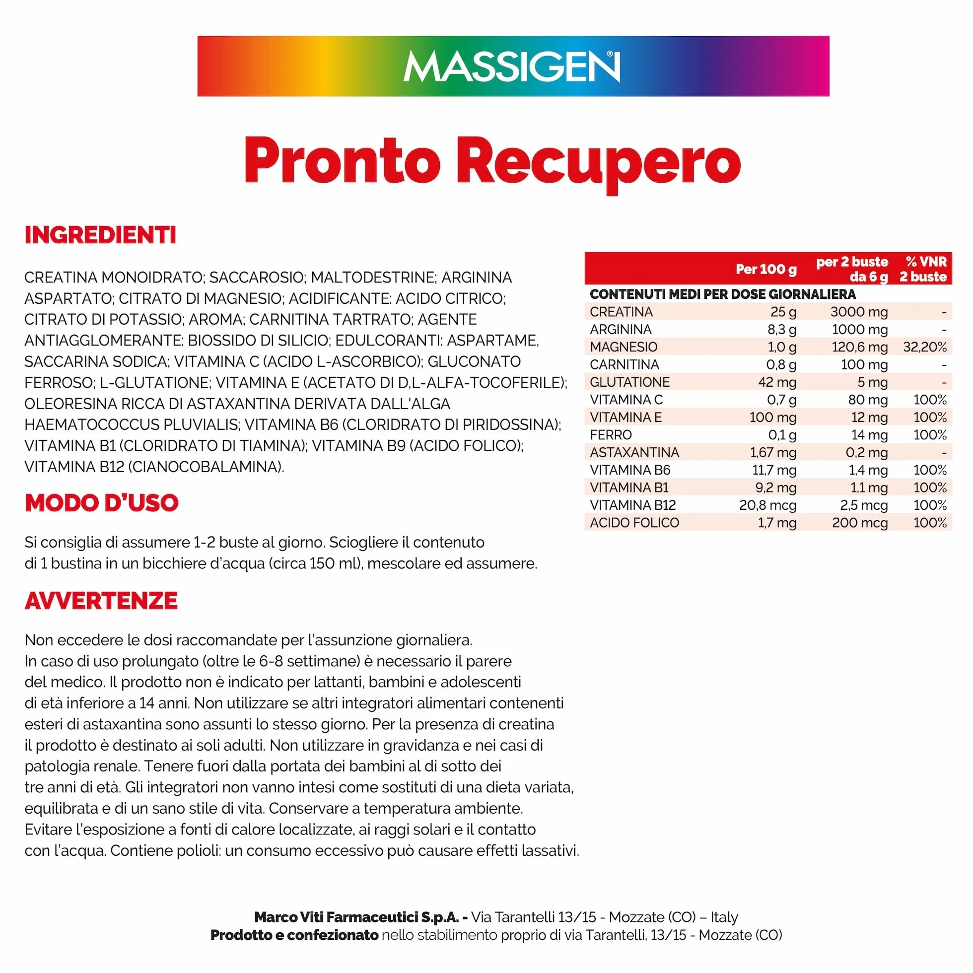 MASSIGEN Pronto Recupero Integratore Alimentare in Polvere - creatina, carnitina, arginina