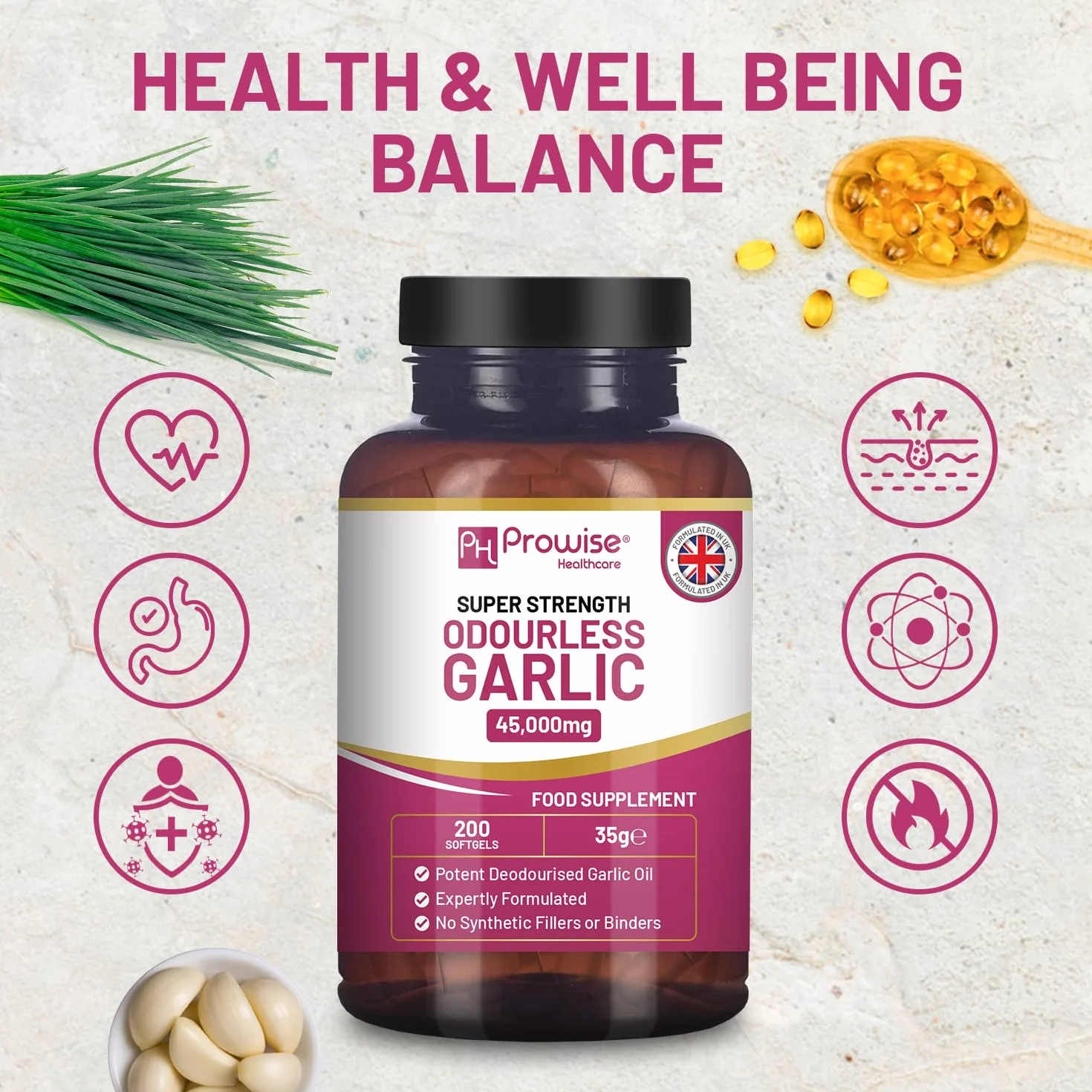 Capsule di aglio inodore premium | 45.000 mg per capsula molle | 200 softgel (non compresse) ad altissima resistenza | Estratto di olio di aglio premium pressato a freddo e deodorato da Allium Sativum