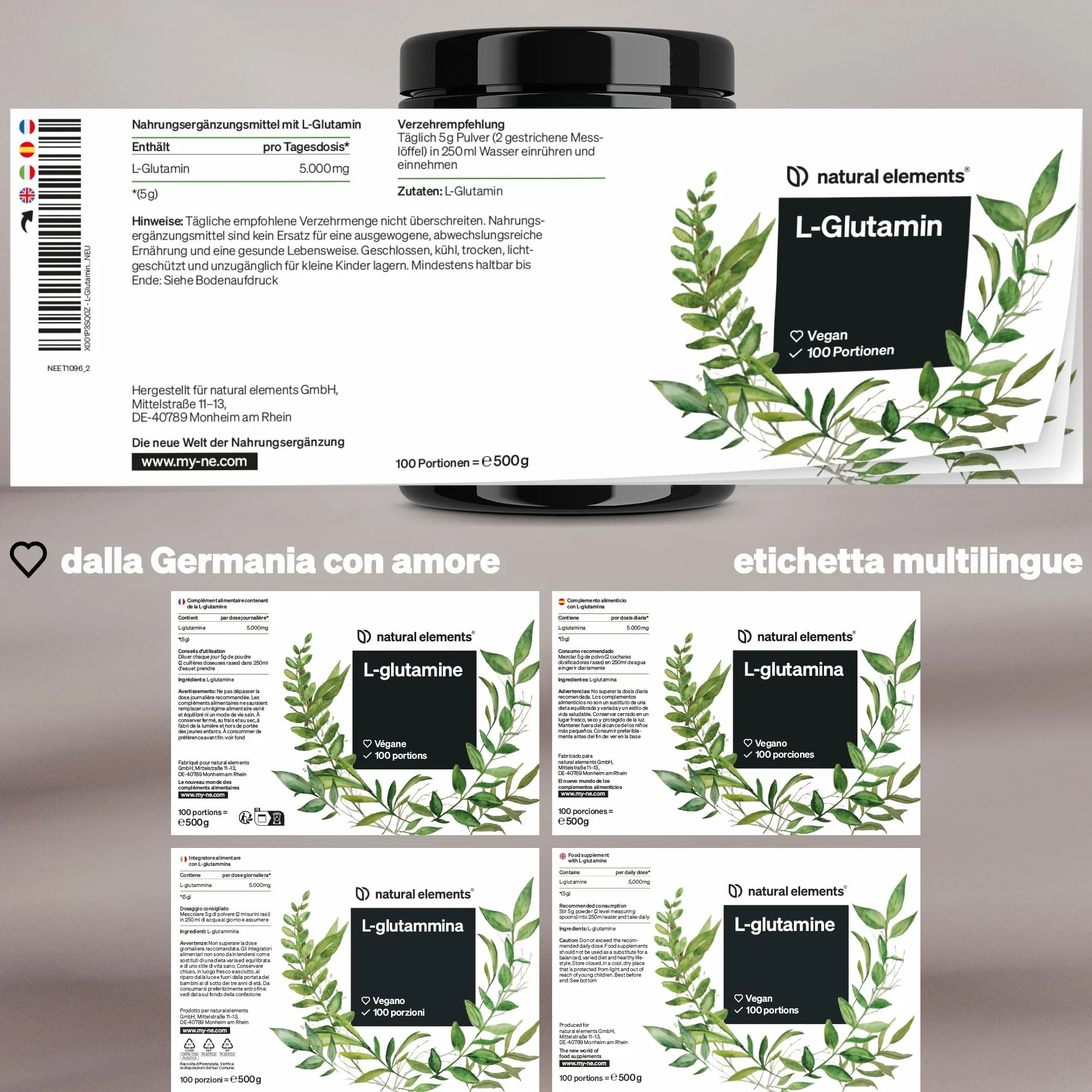 L-Glutammina in polvere – 500 g – L-Glutammina pura – insapore – vegana, altamente dosata, senza additivi – prodotta in Germania e testata in laboratorio