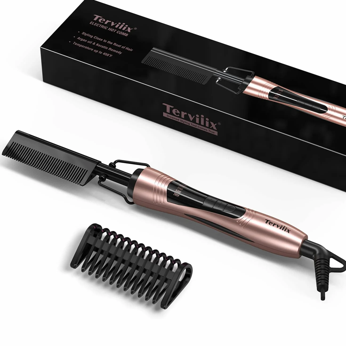 Pettine Elettrico per Parrucche, Afro Capelli e Barba, Pettine Lisciante Antiscottatura con Denti Infusi di Cheratina e Olio di Argan, Temperature Regolabili, Spegnimento Automatico
